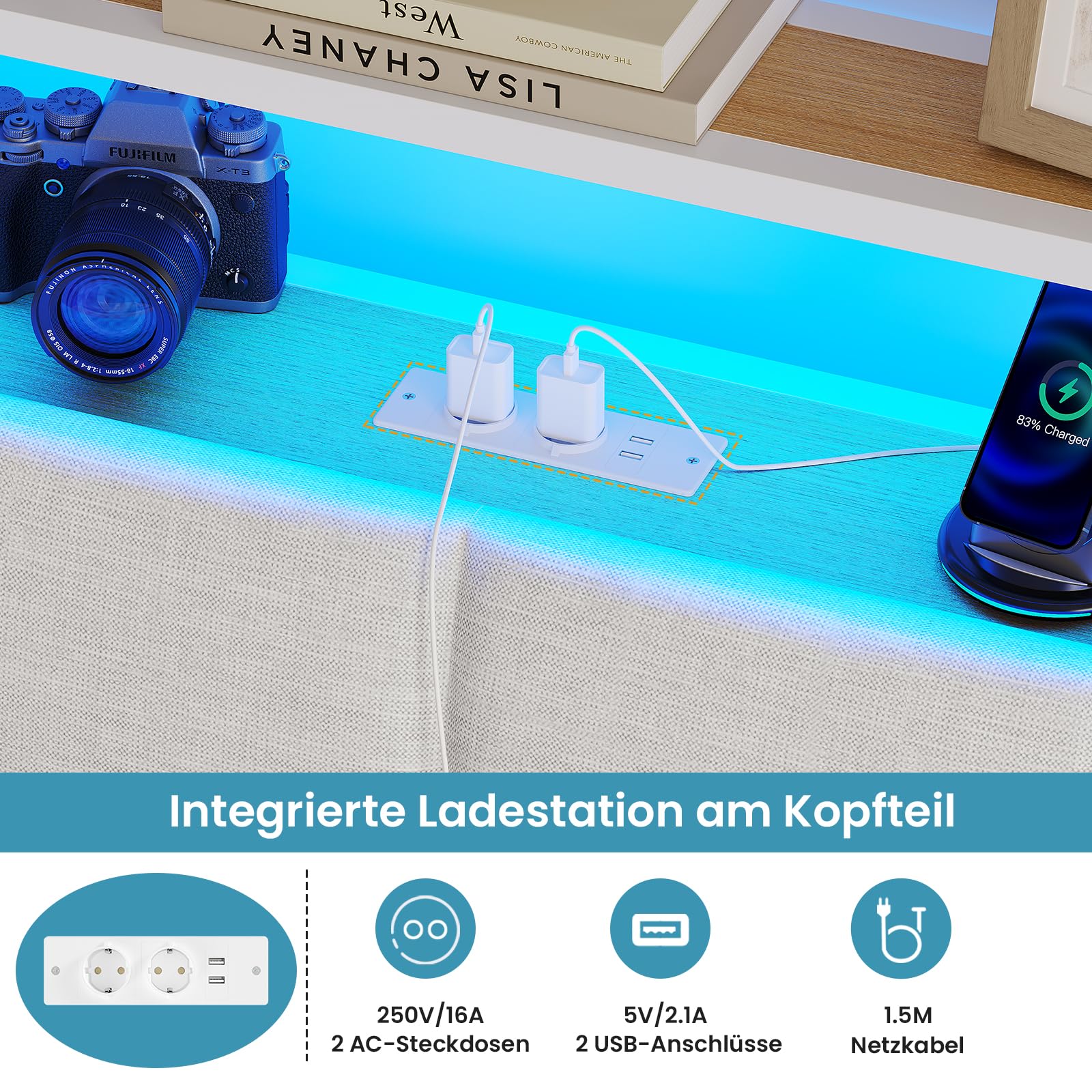 Brinlawb Bett 140x200 mit Lattenrost aus Metall, Bettgestell 140x200cm mit LED Beleuchtung Metallbett 140x200 mit Kopfteil & Ladestation(2 AC-Steckdosen& 2 USB-Anschlüsse) Jugendbett Doppelbett, Weiß