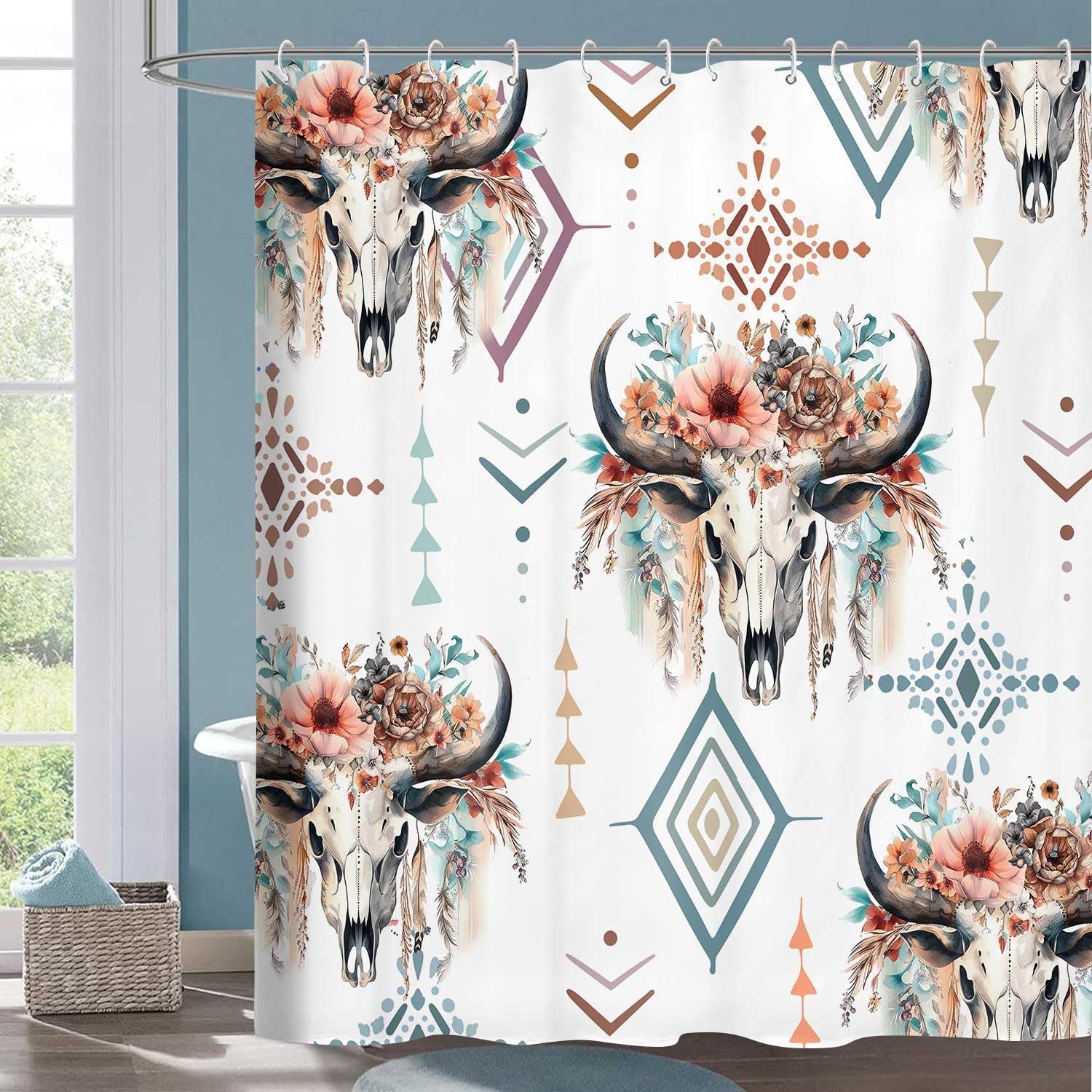 Western Bull Skull Shower Curtain, Retro Cow Longhorn Skull Flower Head Bathroom Curtain, Boho Farmhouse Waterproof Polyester Shower Curtain Set,72x84 Inch