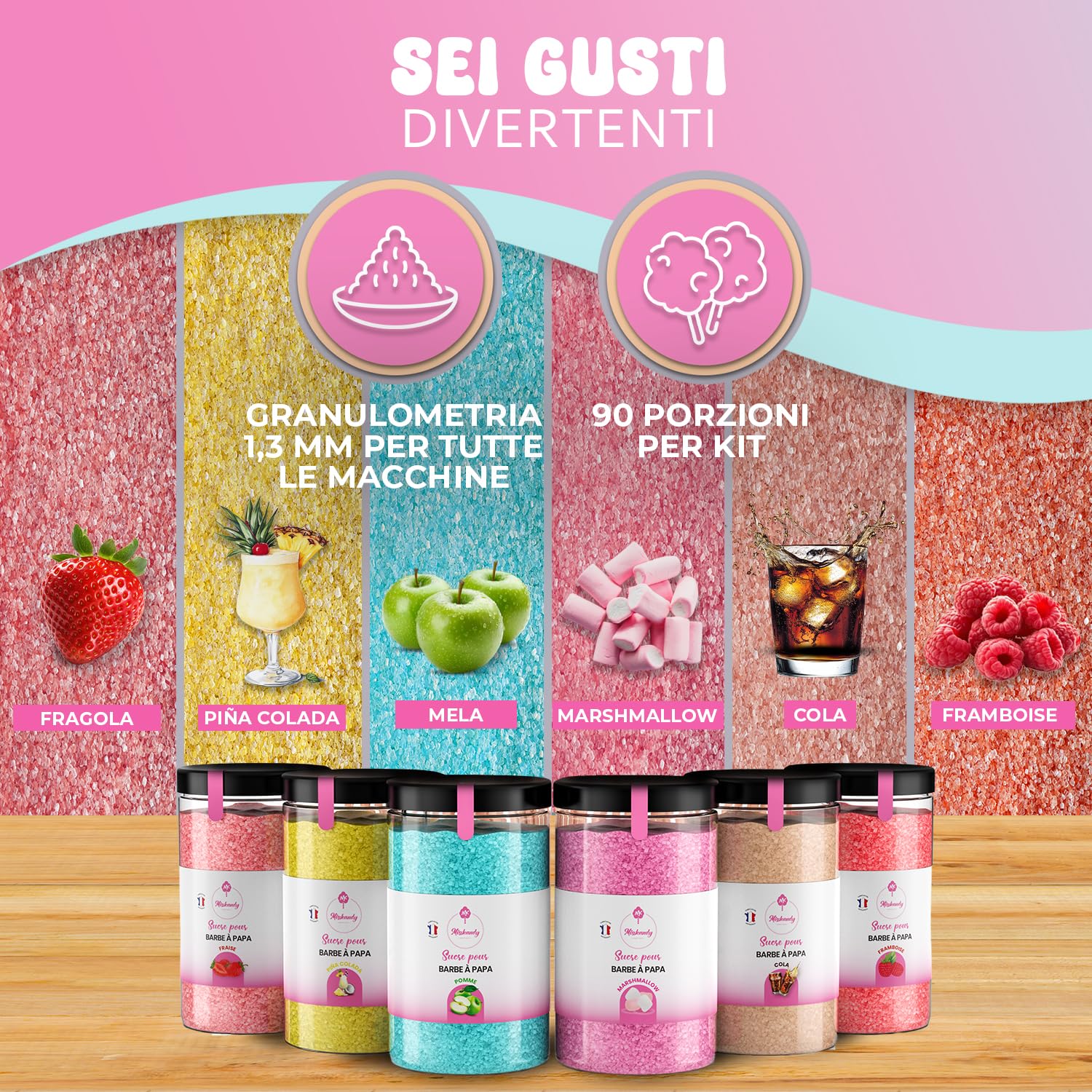 Misskandy, zucchero filato per macchina/lotto da 1,8 kg (6 * 300g) / aromi: fragola, pina colada, marshmallow, mela, cola, lampone + 50 bastoncini di (30 cm)