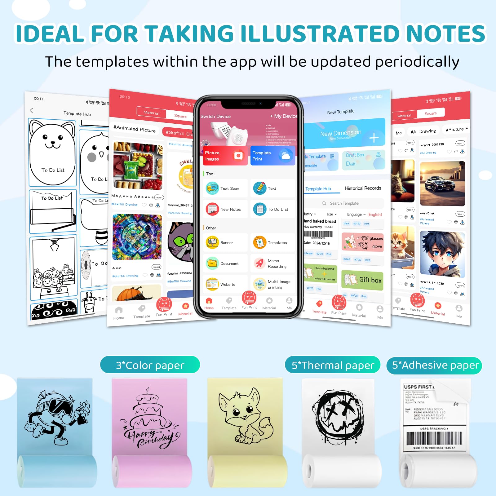 Printpod, mini stampante termica portatile, con 13 rotoli di carta da stampa, senza inchiostro, wireless, per telefoni iOS e Android, per appunti di studio, diari, fai da te, regalo