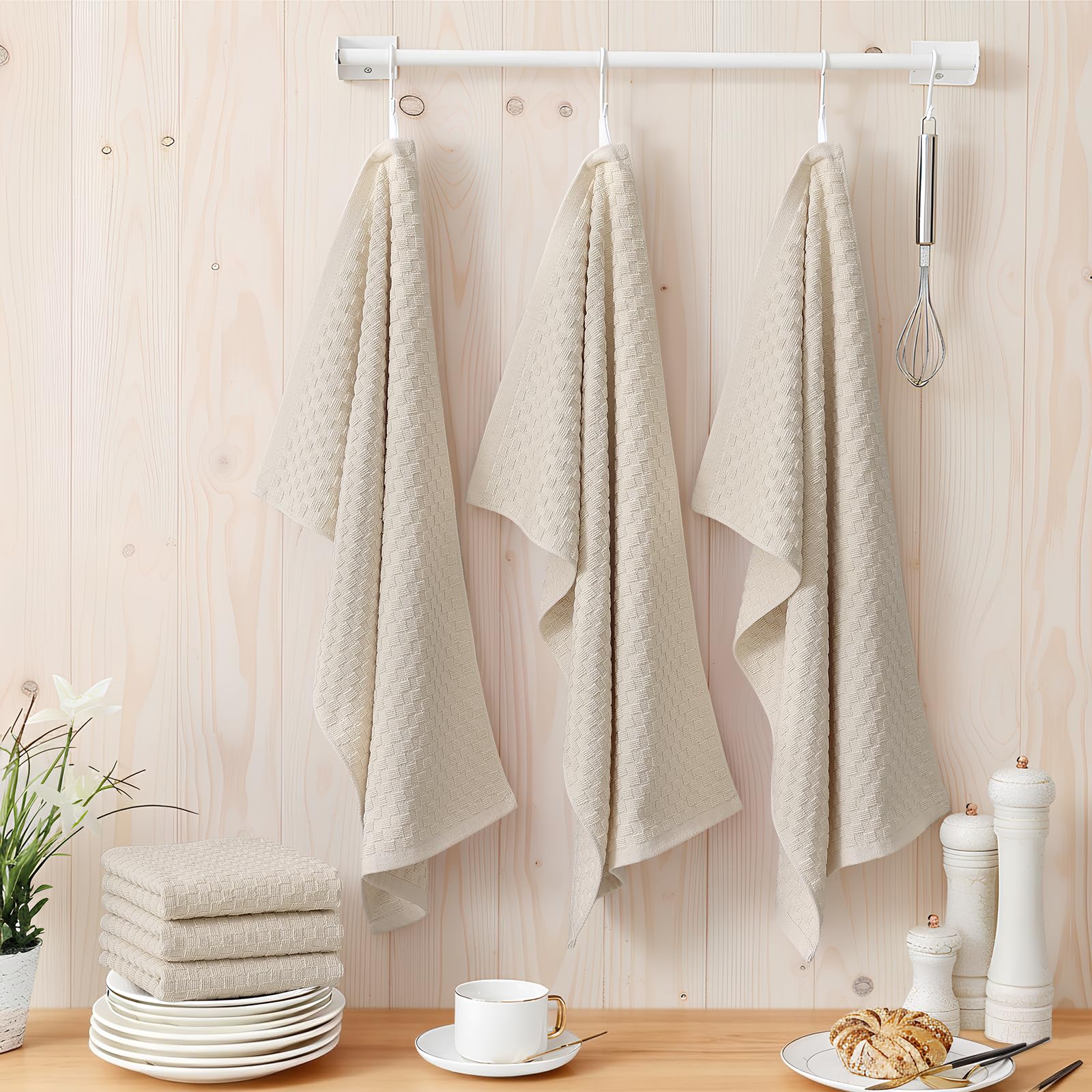 Homaxy Lot de 6 torchons de cuisine 100 % coton éponge (38,1 x 63,5 cm), doux et super absorbants, 380 g/m² réutilisables avec boucle de suspension, motif grille d'ananas, beige