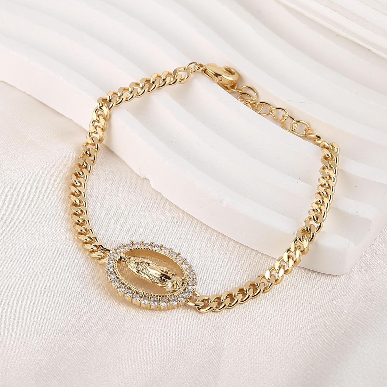 HZMAN Virgin Mary Bracelet for Women Dainty Retro Religious Cubic Zirconia Our Lady of Guadalupe Bracelet 14K Gold Plated Link Bracelets - Image 4