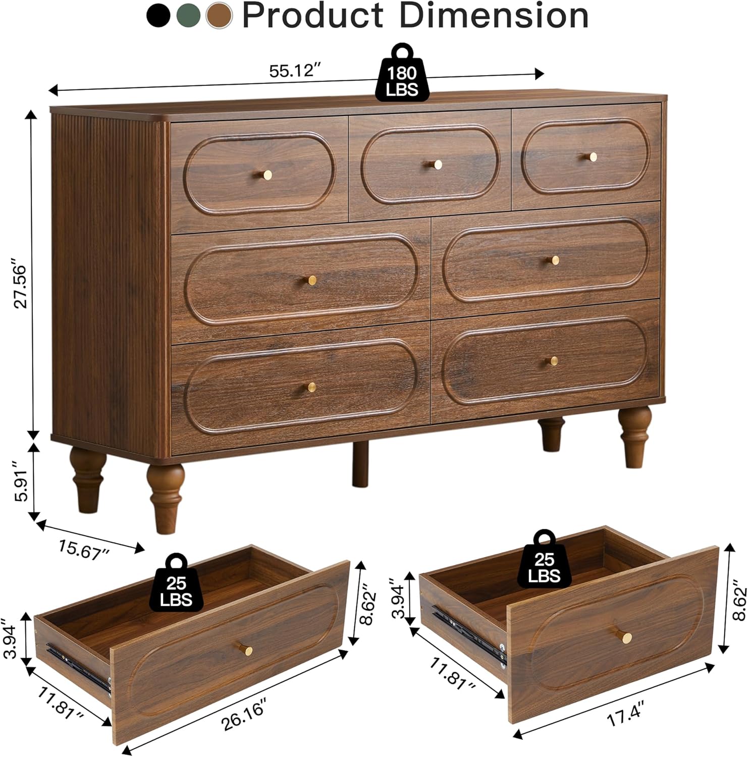 ORRD Fluted 7 Drawer Dresser for Bedroom, Mid Century Modern Chest of Drawers, Wood Storage Large Dresser Organizer for Bedroom Living Room Hallway Closet, Walnut