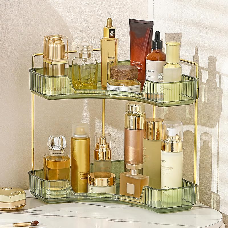 Organizador de mostrador de baño de esquina Aveniee, organizador de maquillaje de estante de encimera de baño para bandeja de perfume de tocador para almacenamiento de esquina (2 niveles, verde)