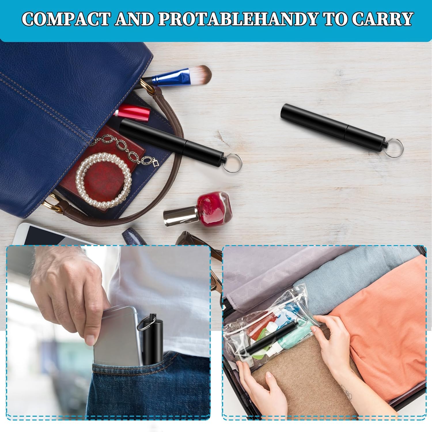 Bokon 6 Pcs Portable Toothpick Holder Airtight Aluminum Metal Joint Tube Storage Waterproof Pocket Purse Tube Container Holder with Keychain for Travel Picnic, Black - Image 5