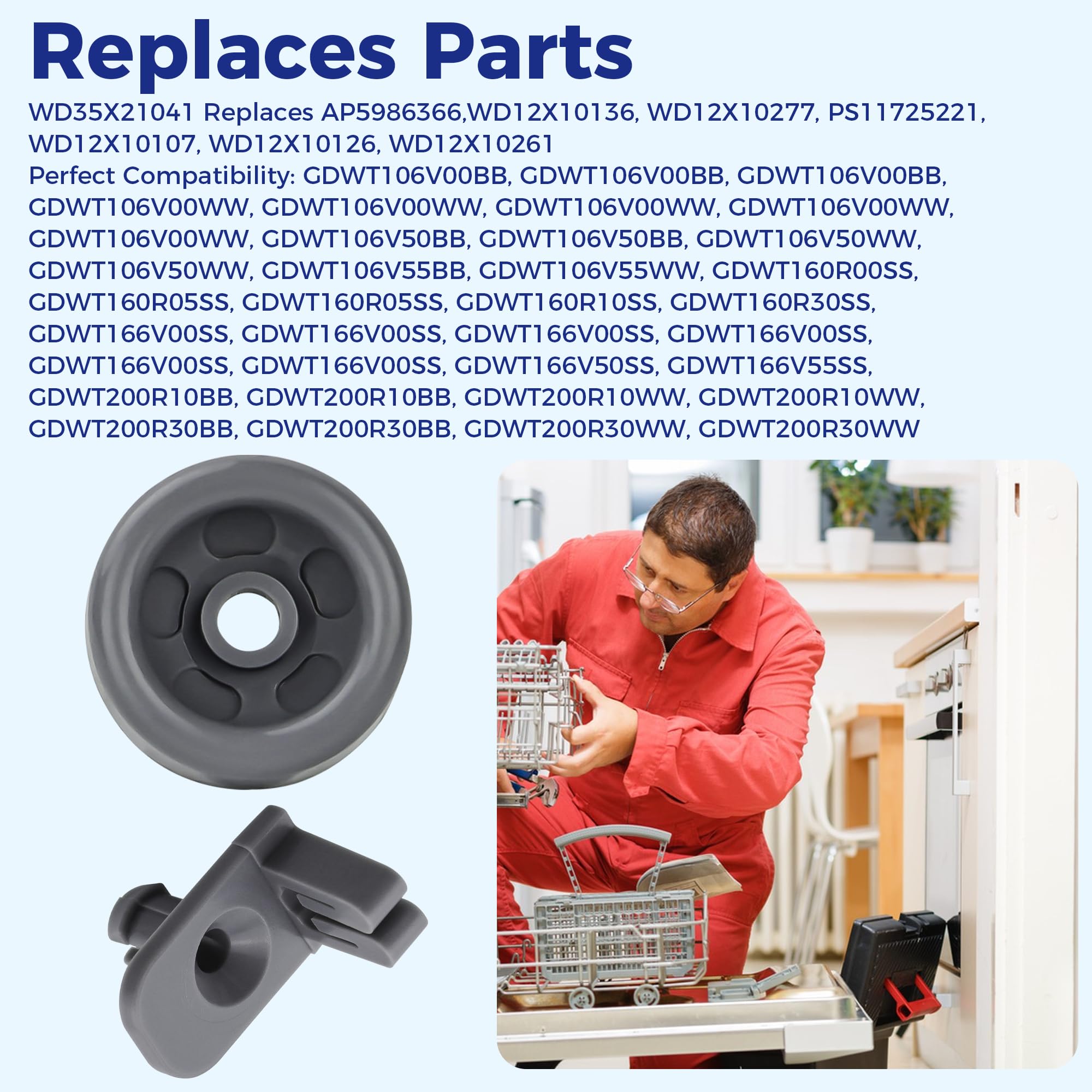 WD35X21041 Geschirrspüler-Räder, untere Entstörungsrolle, Achsen-Kit WD12X10136 WD12X10277 Ersatz für GE-Profil, untere Rack-Kit, 8 Stück Bolzen und 8 Stück Rollen