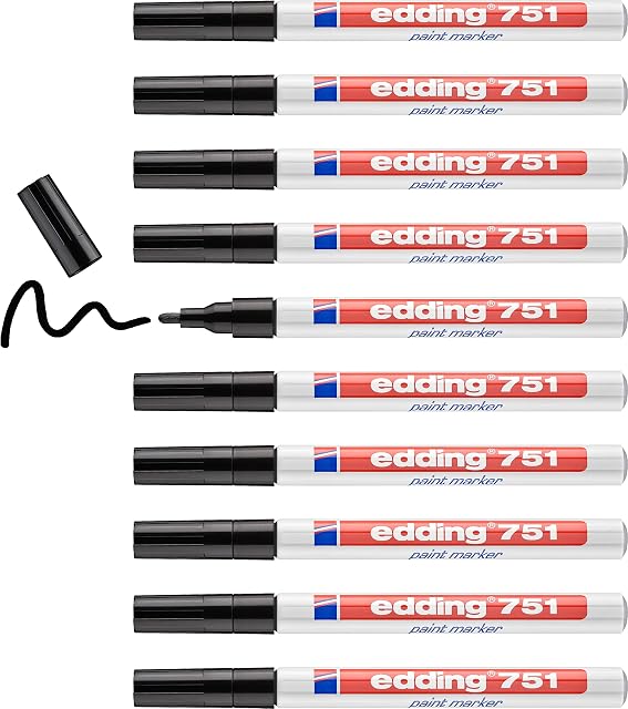 edding 751 paint marker - black - 10 pens - round tip 1-2 mm - paint marker for marking and labelling metal, glass, rocks or plastic - heat-resistant, permanent, smudge-proof and waterproof