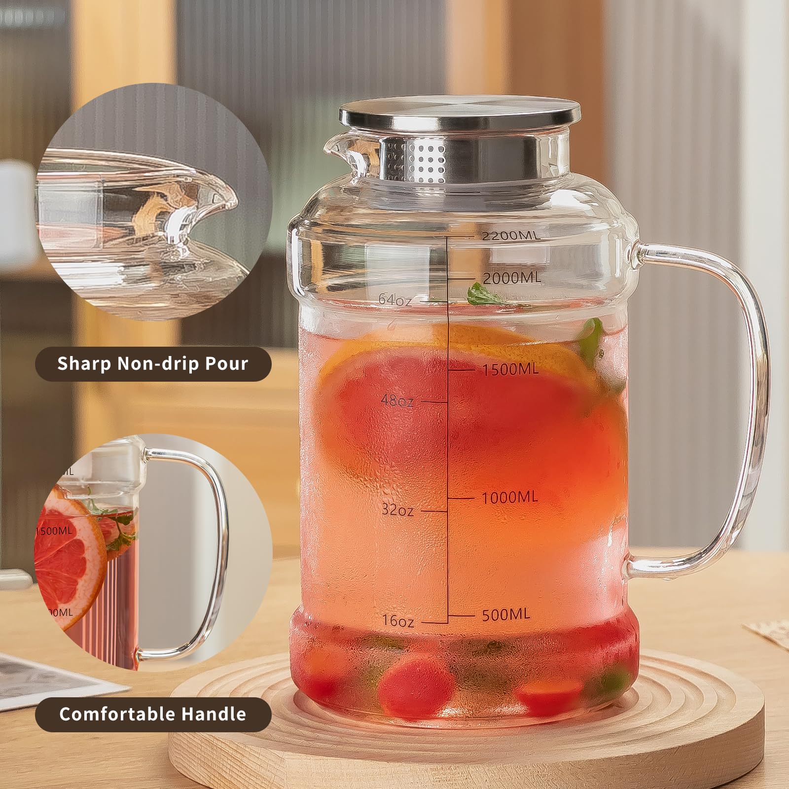 Buaic Glaskrug mit Deckel, 2,2 l Wasserkrug, klares Borosilikatglas, Wasserkaraffe für kaltgebrühten Kaffee, Limonade, Eiskaffee, Sonnentee, Getränke, hitzebeständiger Wasserglas-Krug