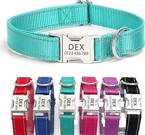Miniatura 15 de Collar de perro de nailon reflectante personalizado con etiqueta de nombre Collares de perro con hebilla grabada personalizada Collar de perro