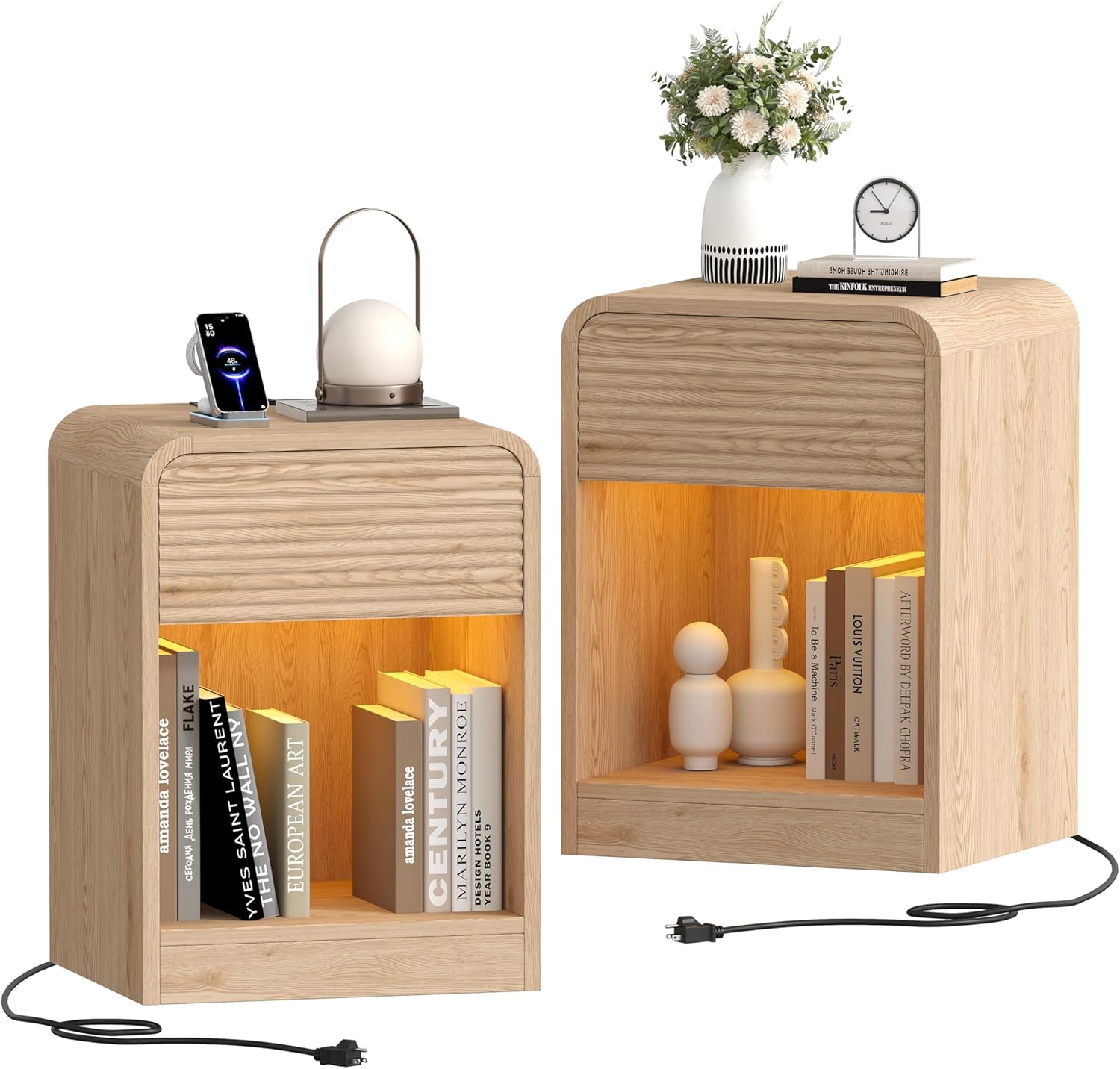 Fluted Nightstands Set of 2, Small Night Stand with Charging Station, Wooden LED Bedside Table with Drawer, Mid Century Modern End Table for Bedroom, Curved Profile Design, Natural Oak