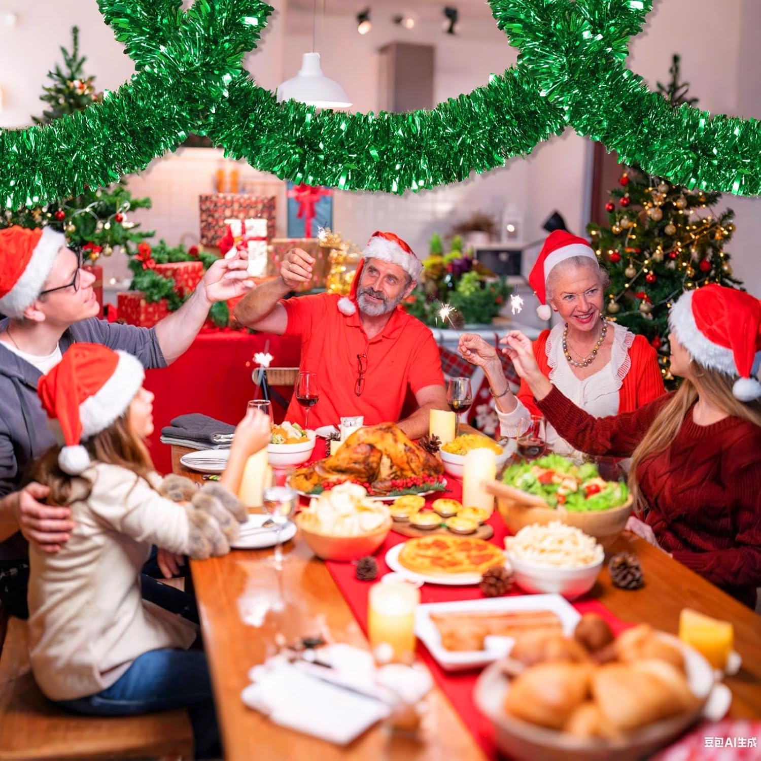 50Ft Green Christmas Garland Decorations,Xams Greenery Tinsel Stems Non-Lit Soft Twist Garland Decor for Tree Stairs Railing Front Door Mantle Fireplace Indoor Outdoor Holiday Home - Image 6