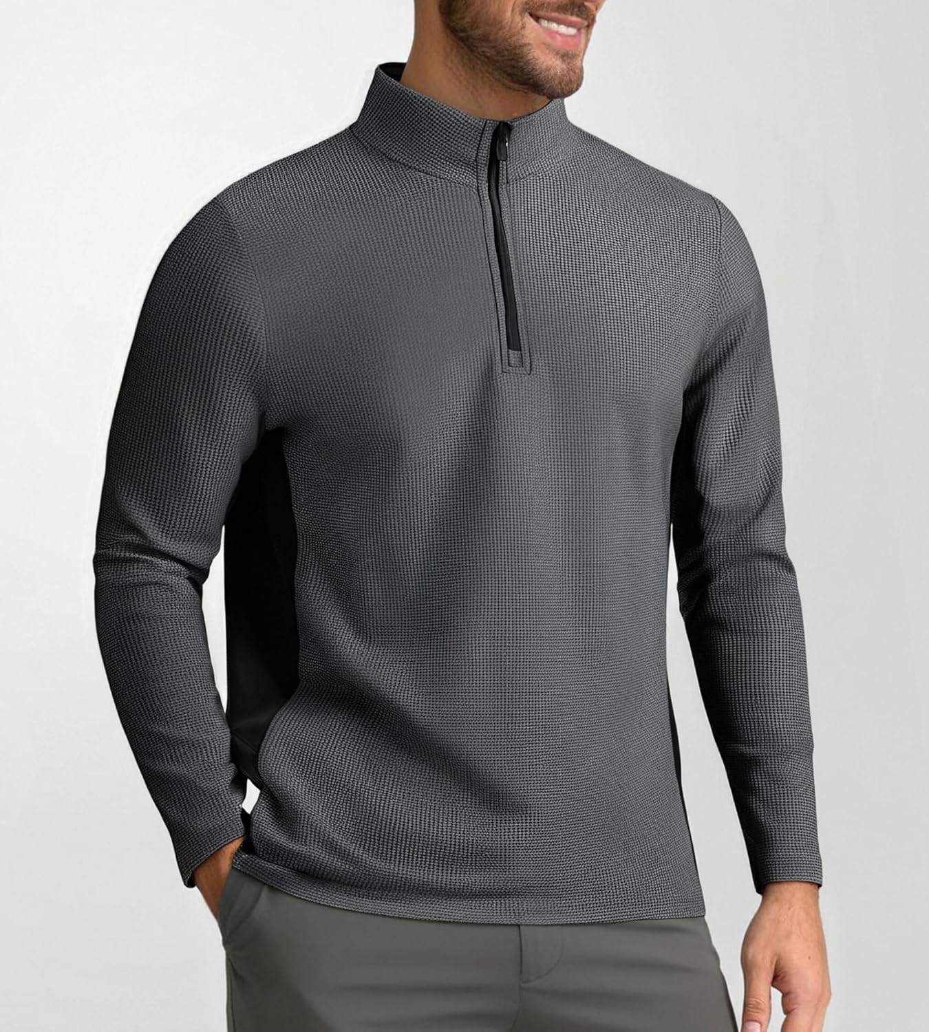 Alex Vando Mens Long Sleeve Zipper Golf Shirts Color Block Texture Polo Shirt for Men - Image 2