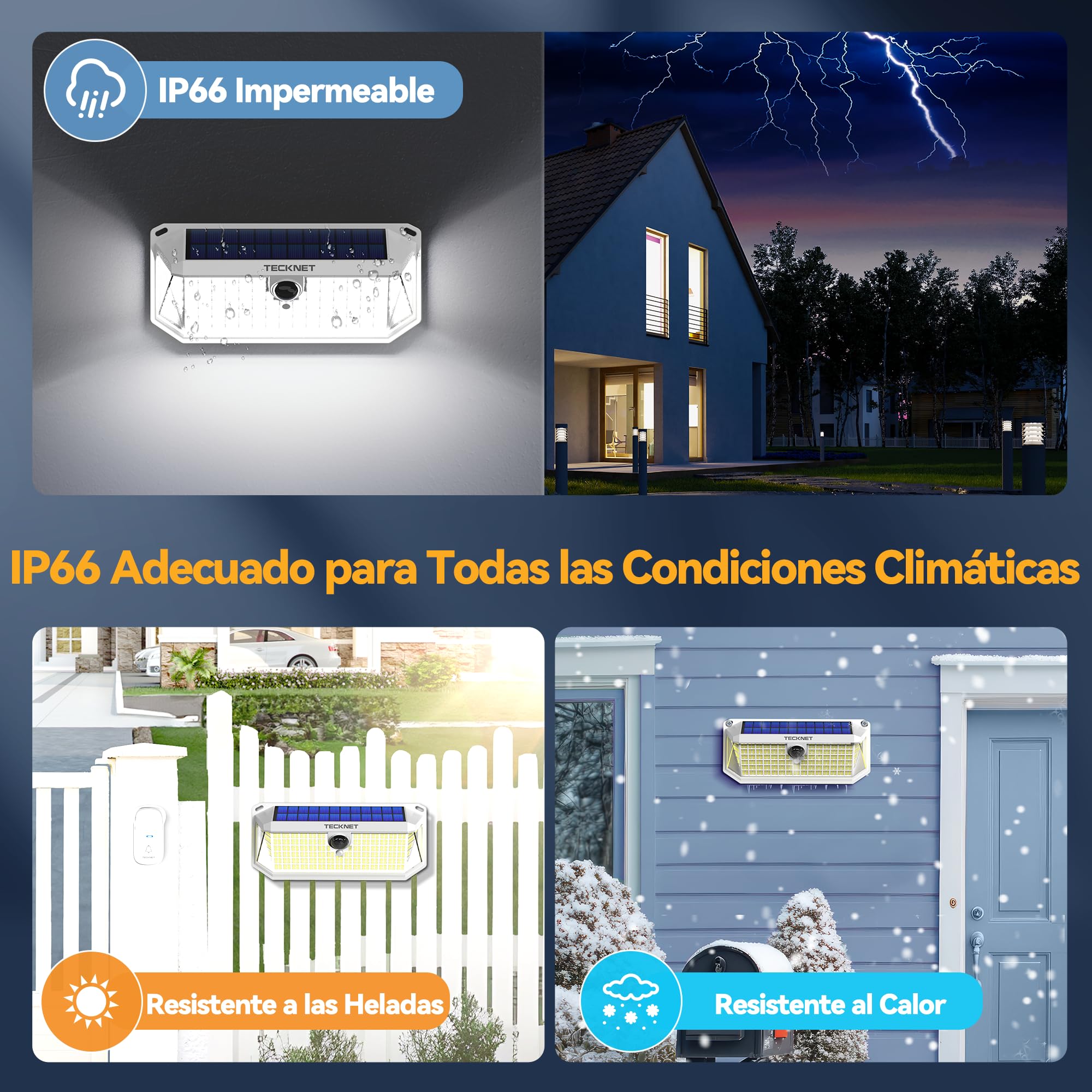 TECKNET Luz Solar Exterior, 4200lm 416 LED Focos Led Exterior Solares | Movimiento 300° Iluminacion 3 Modos IP66 Impermeable Focos Led Solares para Jardín, Garaje, Patio, 4 Paquete