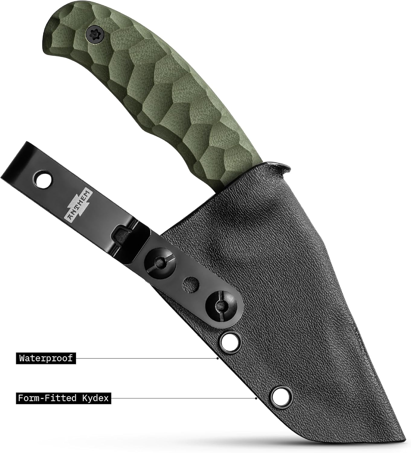 Anthem Knives The Outpost: Fixed Blade Knife, 52100 Steel Harpoon Clip Point, EDC Hunting Knife with Kydex Sheath for Camping, Outdoor, Everyday Carry – Made in USA [OD Green/Shadow Stonewash]