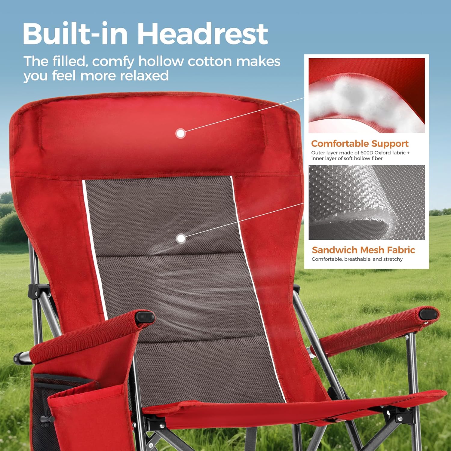 ALPHA CAMP Heavy Duty High Back Camping Chairs with Cup Holder Oversized Folding Chair Outdoor Chair with Headrest,Lawn with Side Pocket for Lawn, Sports and Fishing, 500lbs