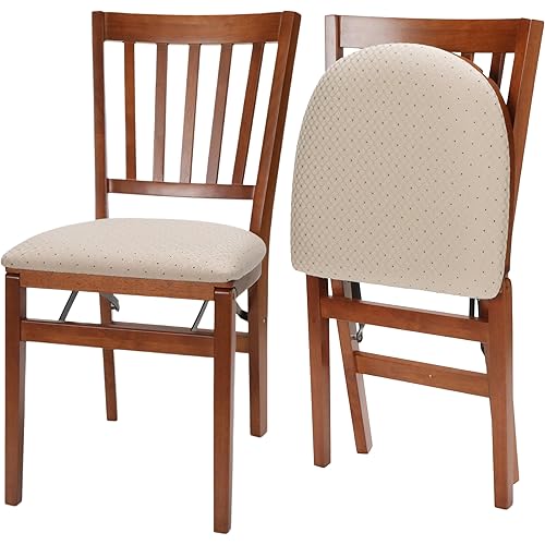 MECO Stakmore School House Wooden Folding Chairs with Padded Seats, Set of 2 - No Assembly Foldable Dining Chairs, Steel Folding Mechanism, Upholstered Cushion, Space-Saving, Fruitwood Frame