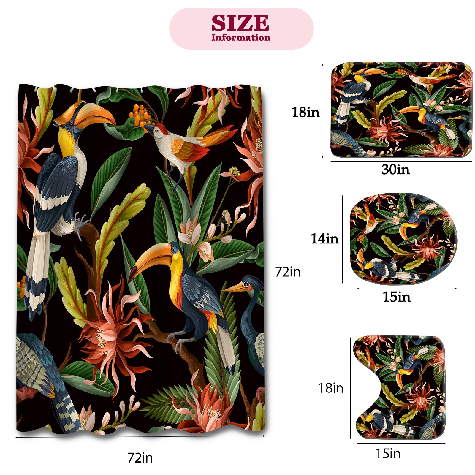 Vogel-Dusche, tropische Blätter, Badezimmer-Set, Zubehör mit rutschfestem Teppich, WC-Deckelbezug, Badematte, 12 Haken, 182,9 x 182,9 cm, Vögel und Blumen, wasserdichte Vorhänge, Heimdekoration,