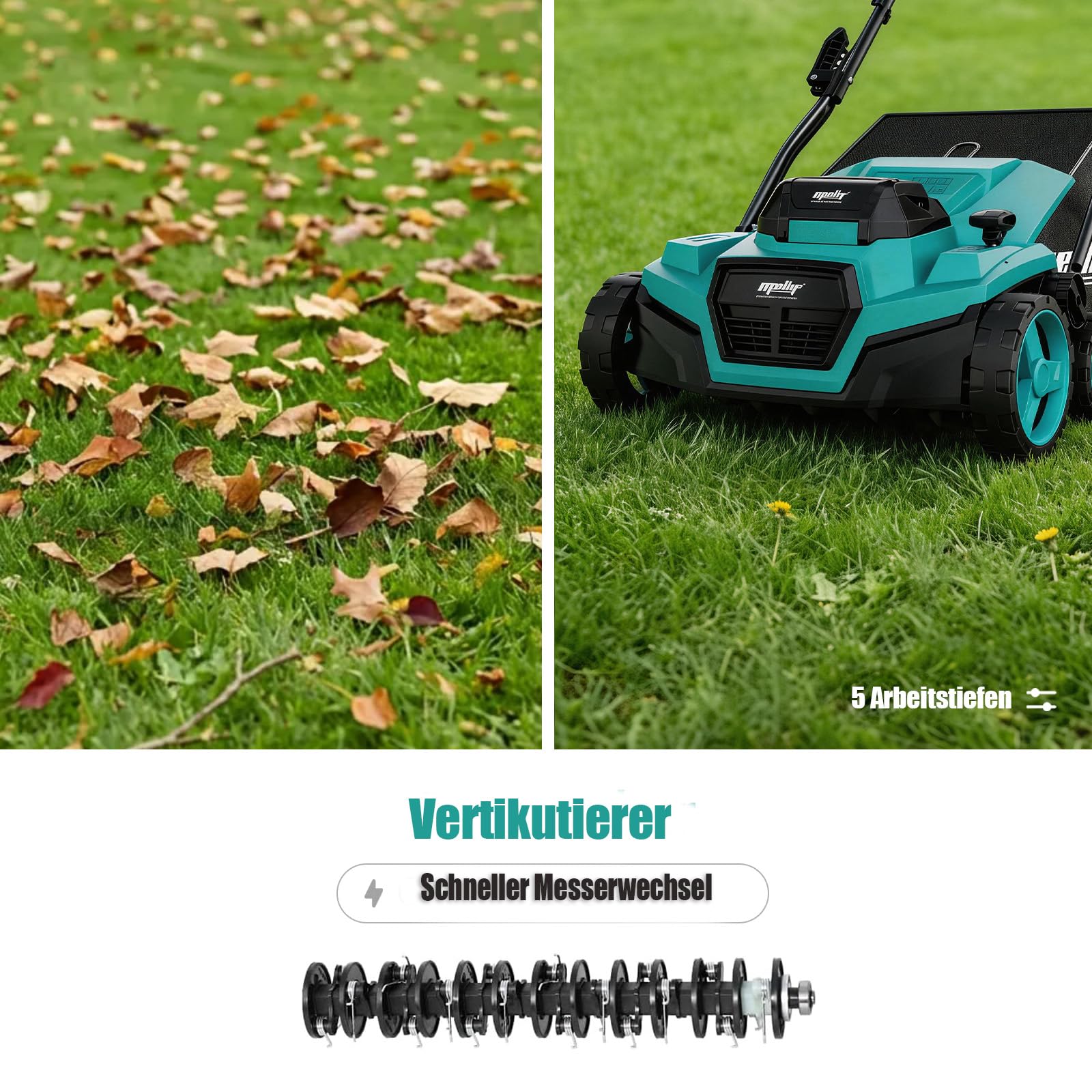 Mellif Akku-Vertikutierer-Lüfter für Makita Akku 18V, 38cm Arbeitsbreite, einstellbare Arbeitstiefe, 45L Fangsack, bürstenloser Motor, klappbar, 2-in-1 Rasenmäher & Lüfter, inkl. Zubehöre (Ohne Akku)