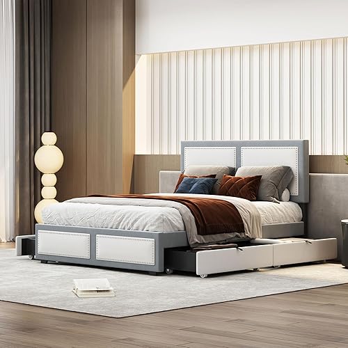 Miniatura 149 de Elegante cama con plataforma tapizada de terciopelo de tamaño Queen con cabecero, para niños, niñas y adolescentes (beige @cabecero/, Queen)