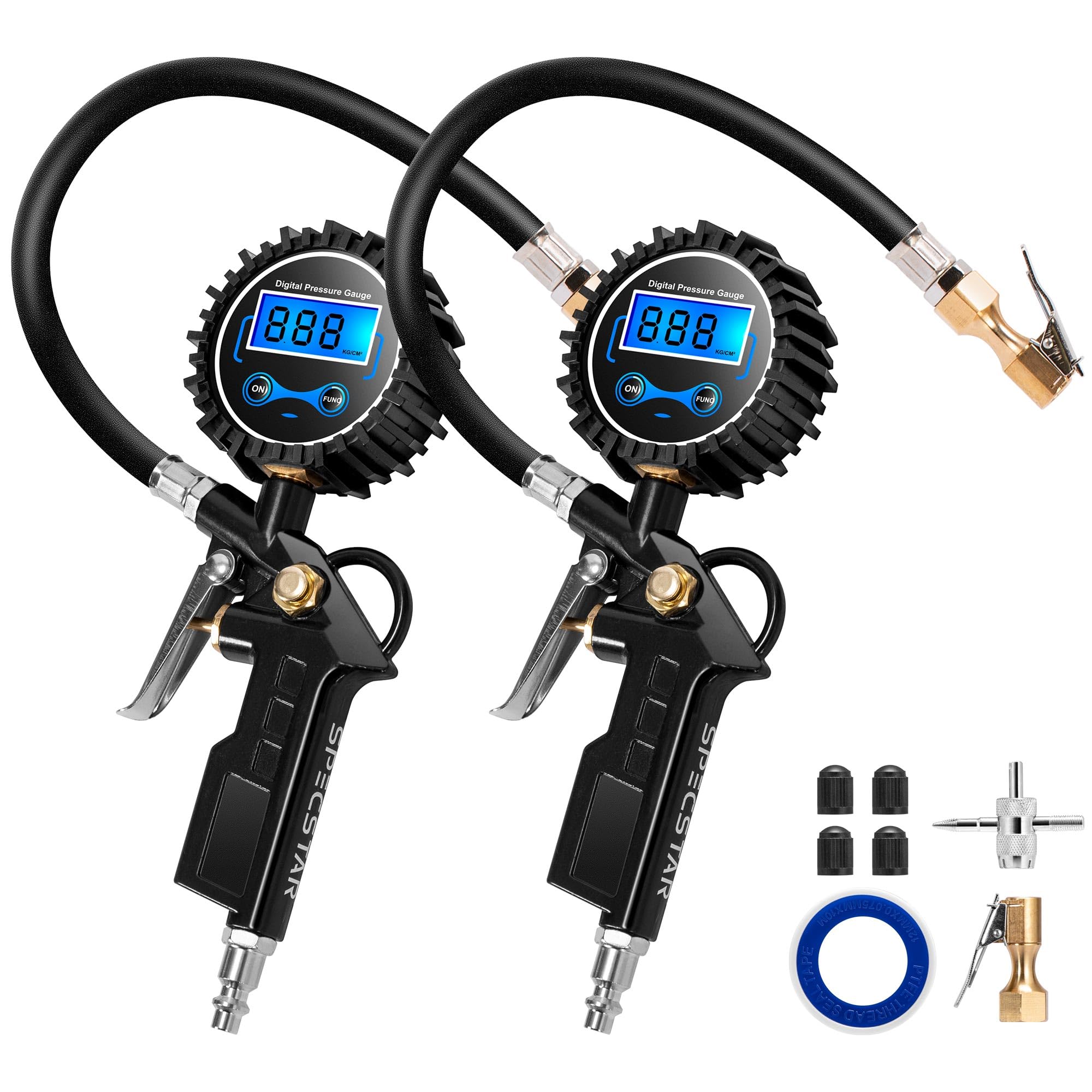 SPECSTAR 2 Pack Digital Tire Inflator with Pressure Gauge, Night Available 250 PSI Air Chuck and Compressor Accessories with Rubber Hose and Quick Connect Attachment for 0.1 Display Resolution
