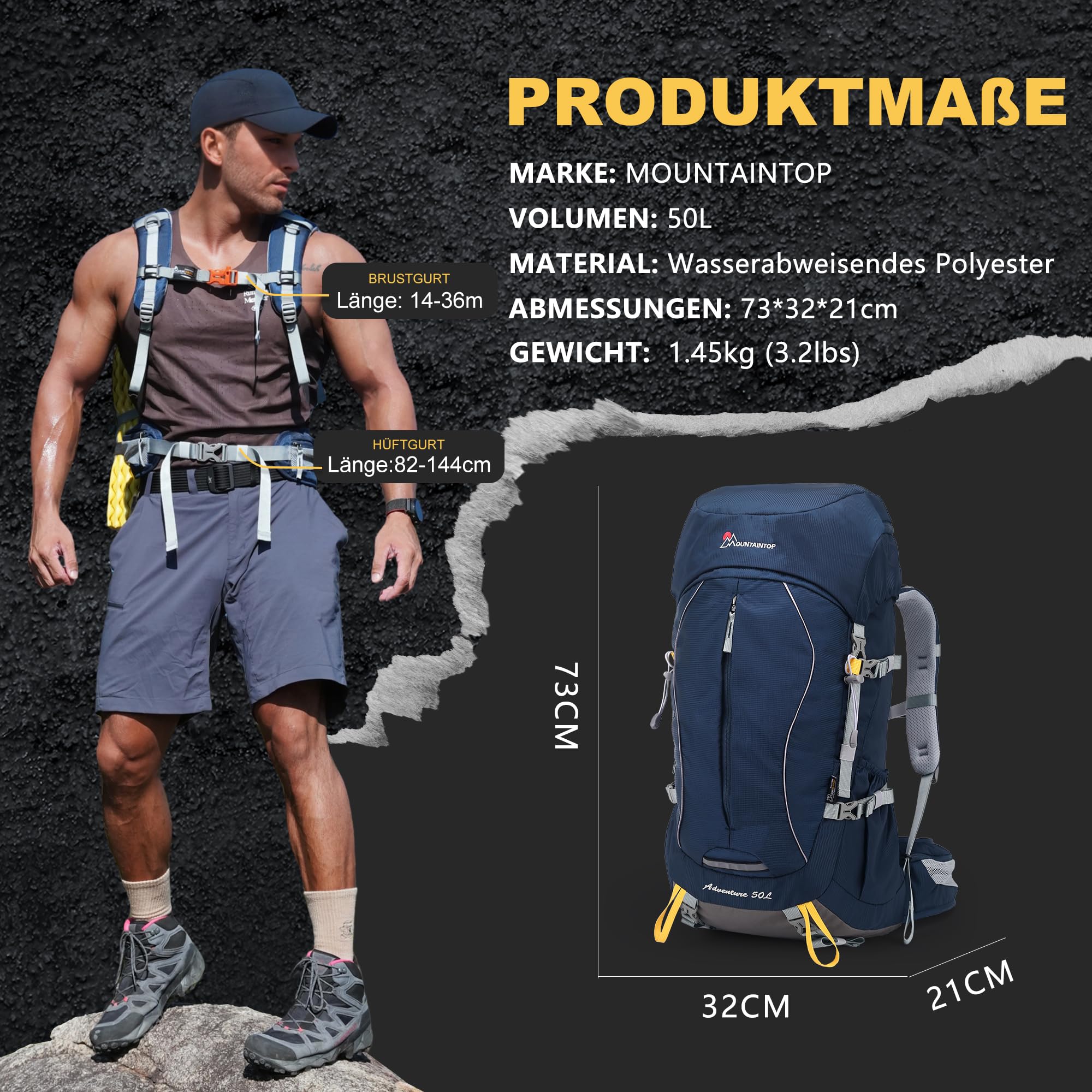 Mountaintop Trekkingrucksack 50L/60L Wanderrucksack Herren Damen Reiserucksack Großer Rucksack mit Regenschutz für Outdoor Reisen Camping Trekking