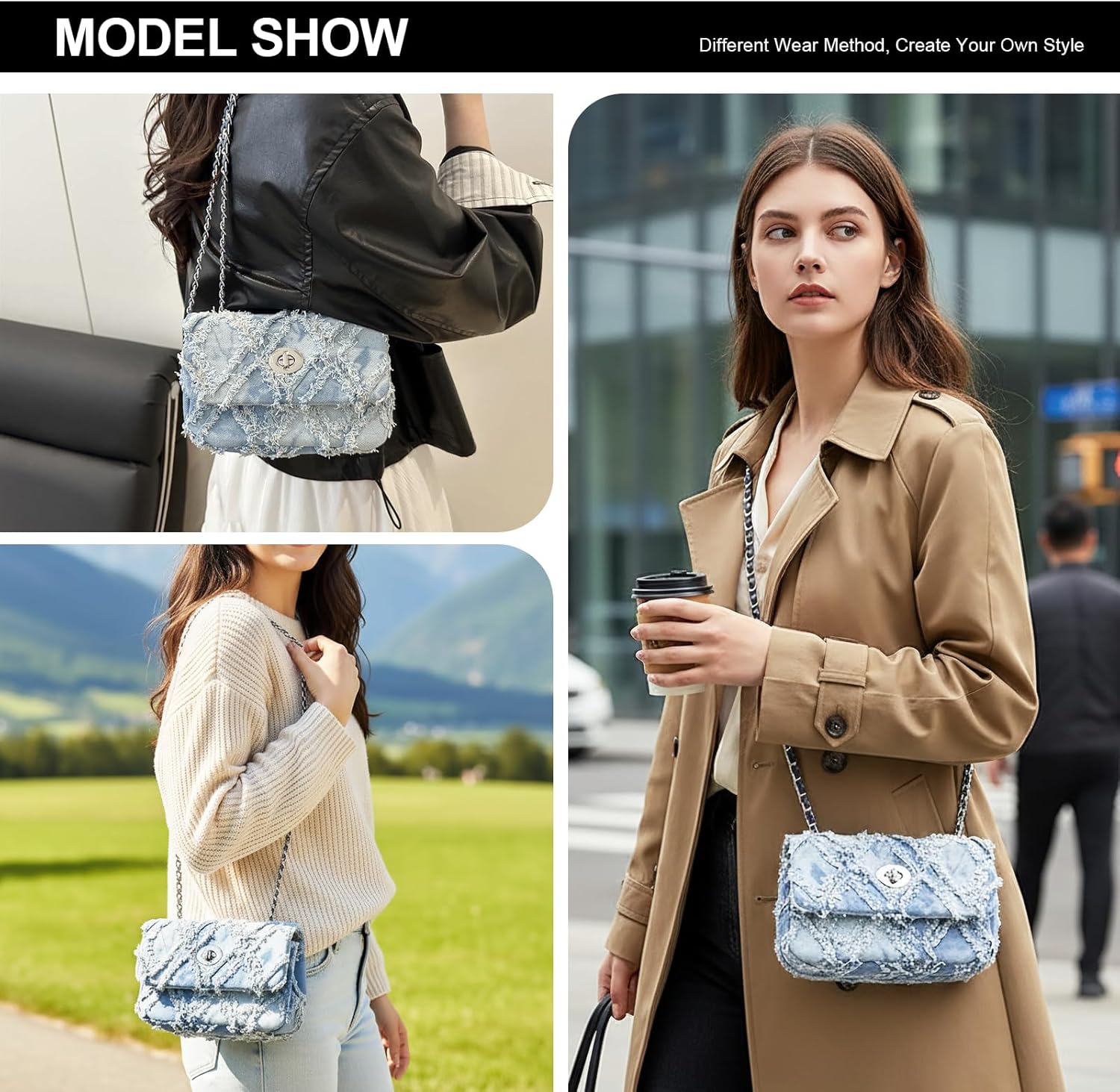 Long Keeper Denim Shoulder Bag for Women Small Tassel Clutch Purse Crossbody Handbag with Chain Strap for Formal Party Travel