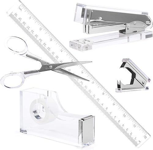 Paquete de acrílico plateado Lucite  Grapadora premium, dispensador de cinta, tijeras, removedor de grapas y juego de regalo de regla  Papelería