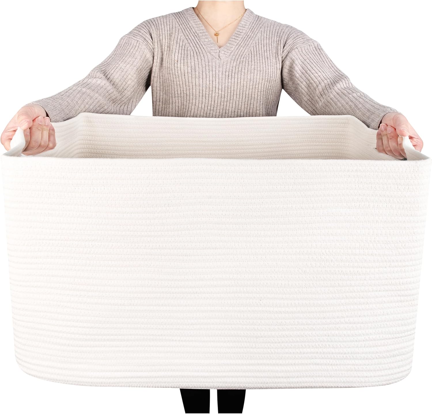 Large creamcolored woven storage basket for living room organization