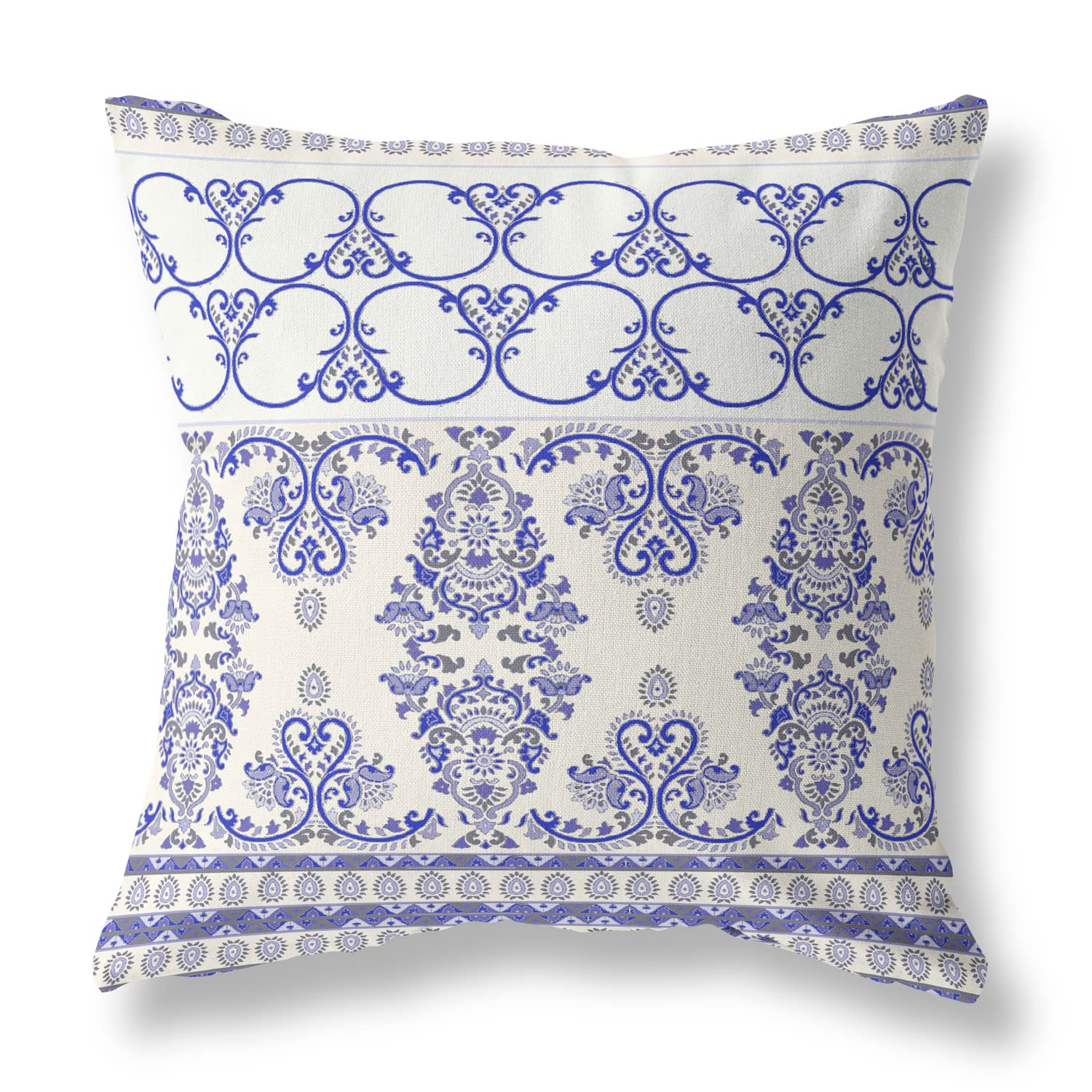 Nandini Flowers Suede Zippered Pillow w Insert in White and Blue