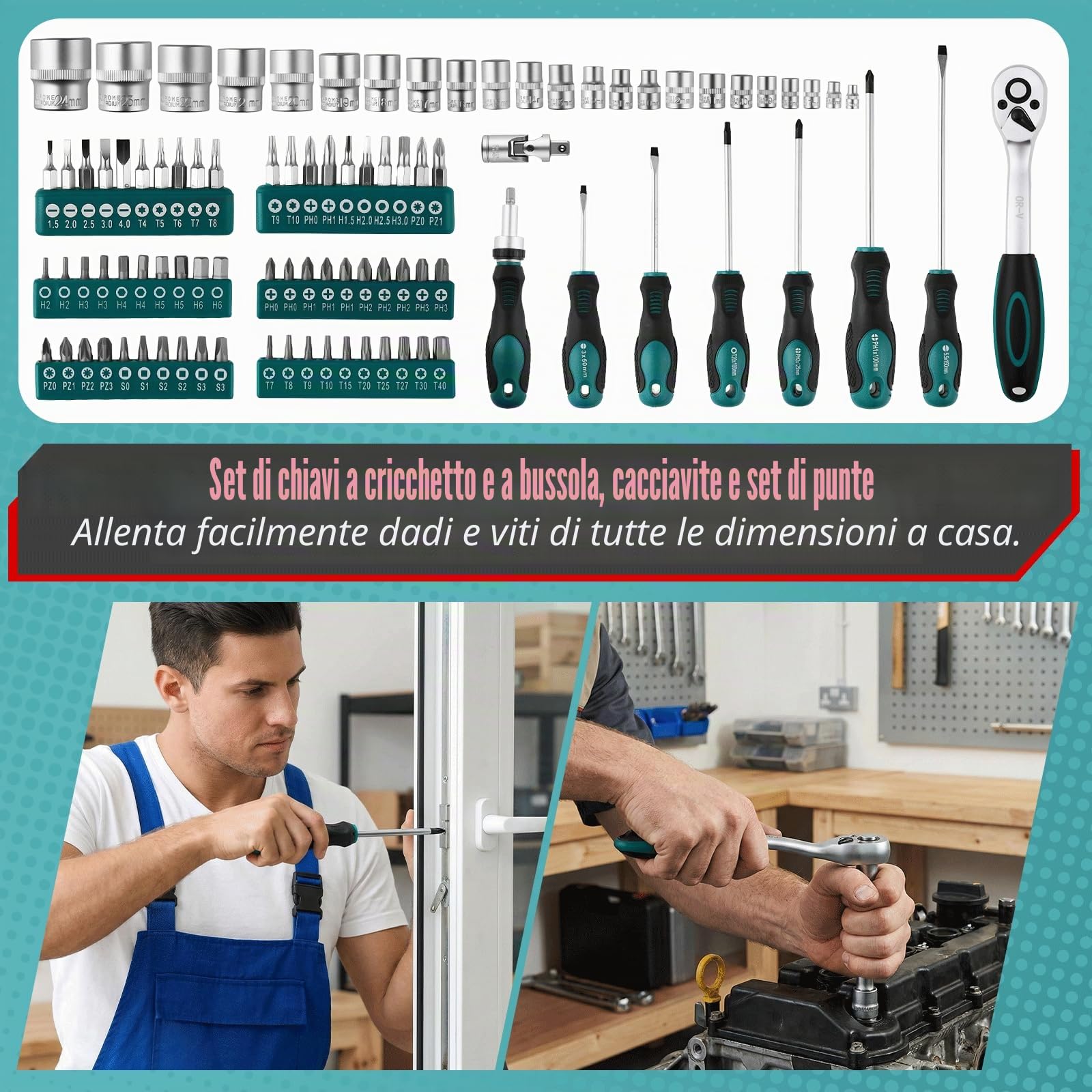 TLGREEN Cassetta degli attrezzi in alluminio riempita, 122 pezzi, cassetta degli attrezzi, cassetta degli attrezzi, cassetta degli attrezzi con chiave a bussola, cacciavite, ecc. per fai da te, fai da
