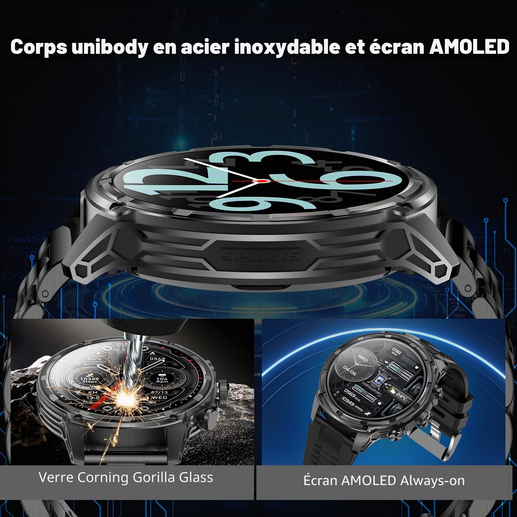 Montre Connectée Hommes,Téléphone LED Poche Batterie 750 mAh, 120 Modes Sportifs Montre de Fitness avec Fréquence Cardiaque, SpO2, Moniteur de Sommeil, 1.85 Pouce Noir Smartwatch pour Android iOS