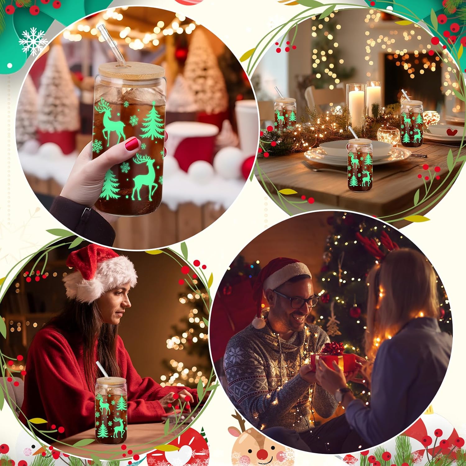 12 Set Winter Glass Cups Bulk 16 oz Winter Drinking Glass Cup with Lid Straw Glow in The Dark Cups Birthday Gifts for Women Glow Night Party Supplies