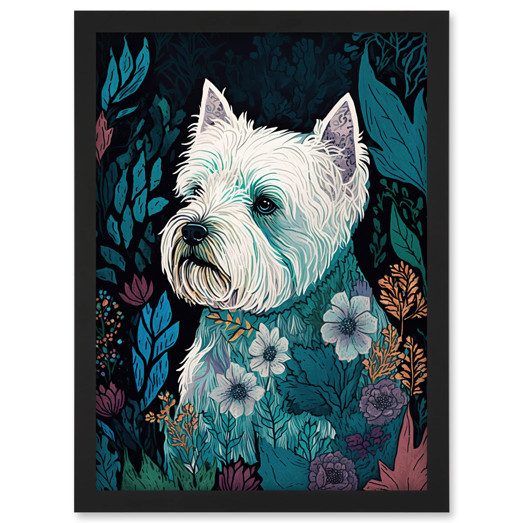 Artery8 West Highland White Terrier in Flowers Dark Multicoloured Linocut Illustration Artwork Framed A3 Wall Art Print