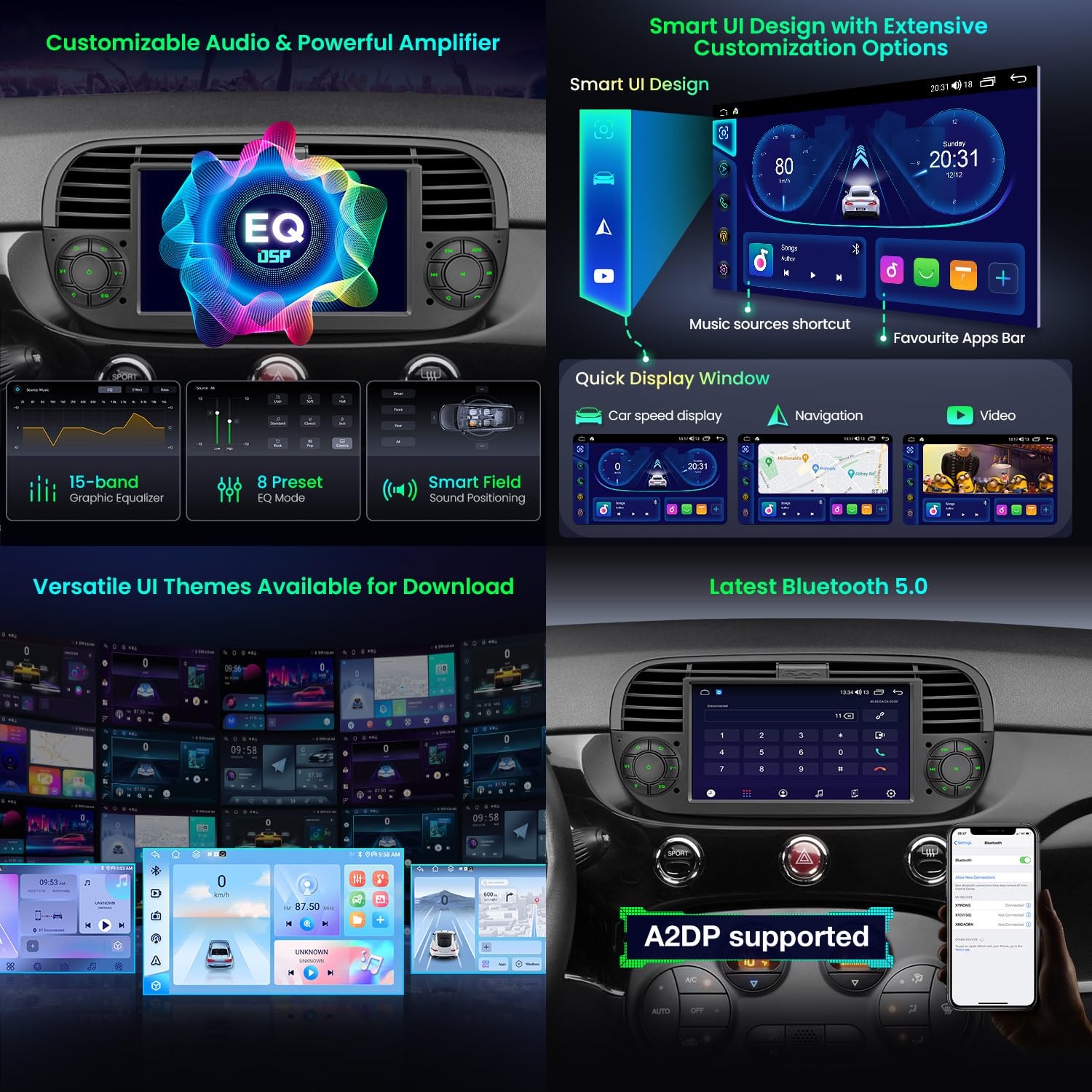 XTRONS 7" Android Fiat 500 Stereo Radio Player, 2+64GB HD Touch Screen Head Unit for Fiat 500 (2007-2015) Black w EQ DSP Dual Band WiFi Wireless CarAutoPlay GPS Bluetooth Cooling System, Optional DAB+ — view 4