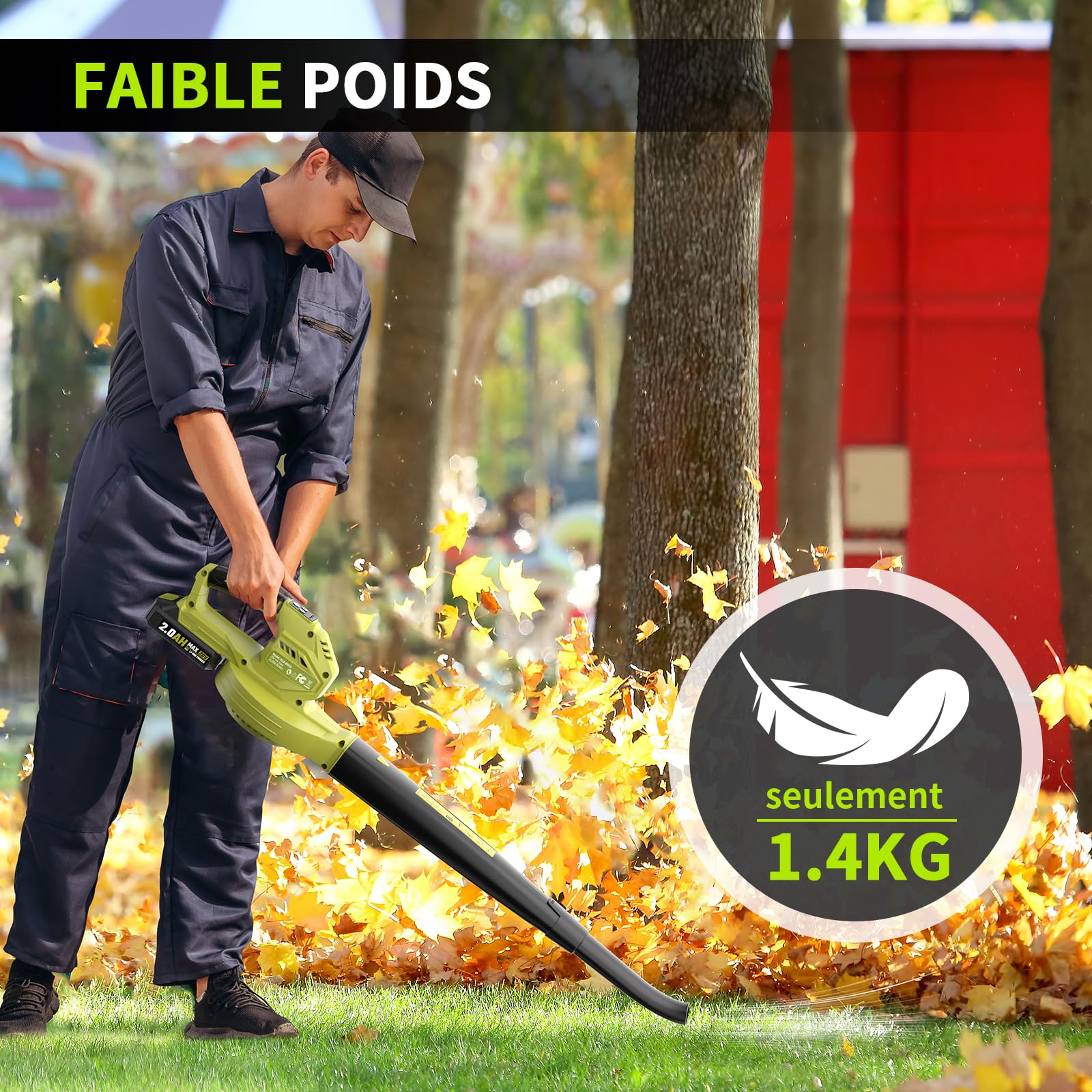 Souffleur de Feuilles，Souffleur de Feuilles sans Fil avec Batterie 2×2,0 Ah et Chargeur，3 Vitesse Max 360m³/h，Portable 1,4kg，pour Cour, Pelouse, Jardin
