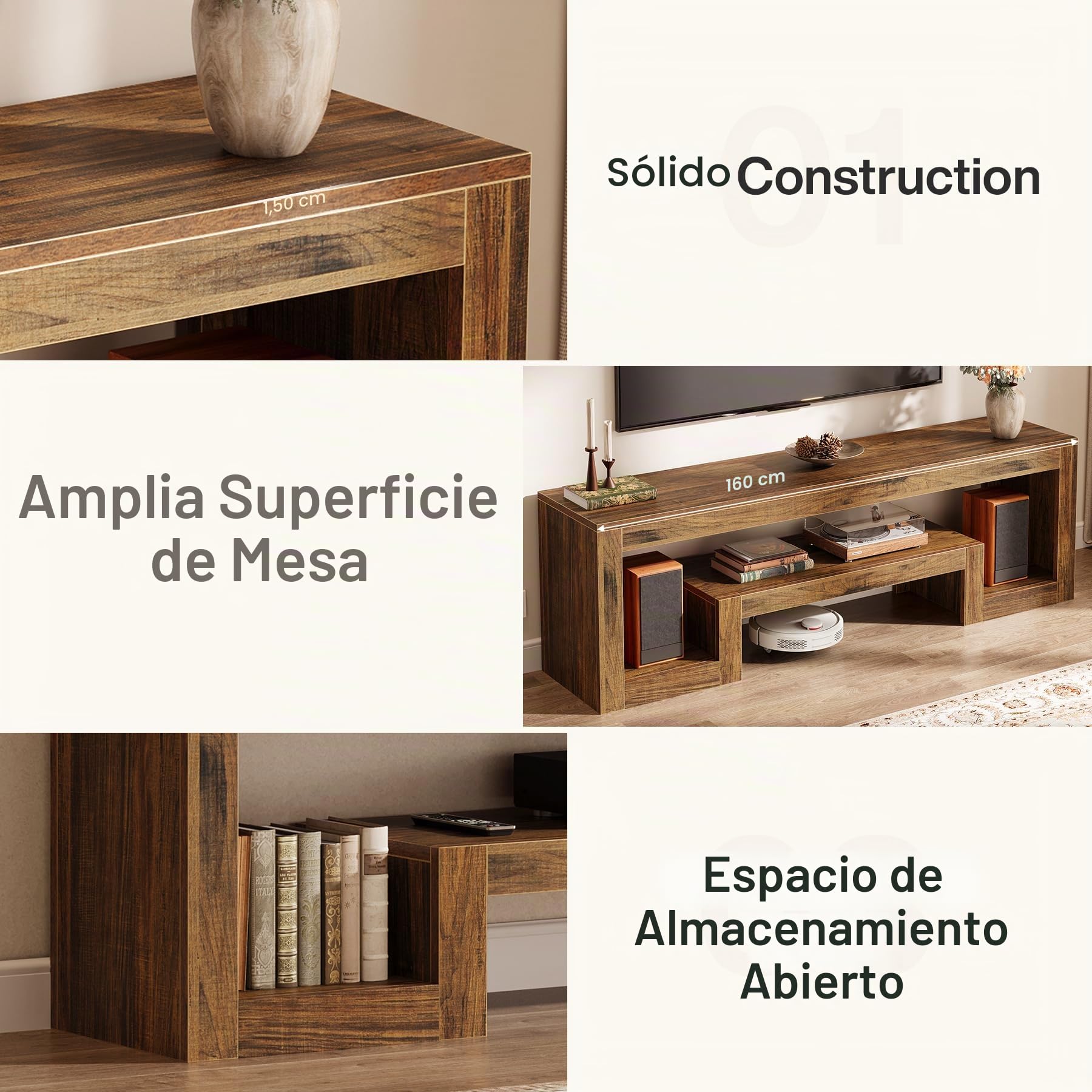 Tribesigns Mueble de TV, Mesa de TV de hasta 65 Pulgadas, 160 cm para Salón, Dormitorio, Estante Abierto, Marrón Rústico