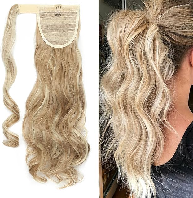 S-noilite 17" Clip in Hair Extensions Wrap around Ponytail Long Curly Wavy Hairpiece (17 inches, Sandy Blonde & Bleach Blonde)