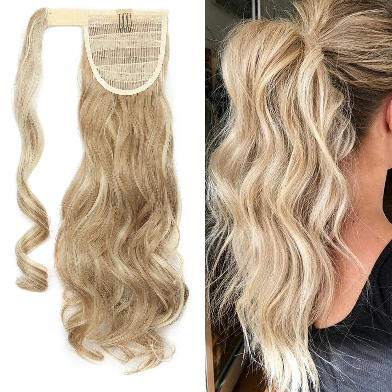 S-noilite 43cm Extension a Clip Cheveux Naturel Postiche Wrap Around Queue de Cheval Ponytail Bouclé Ombre Clip in Hair Extensions - Blond de sable & Blond de blanchiment