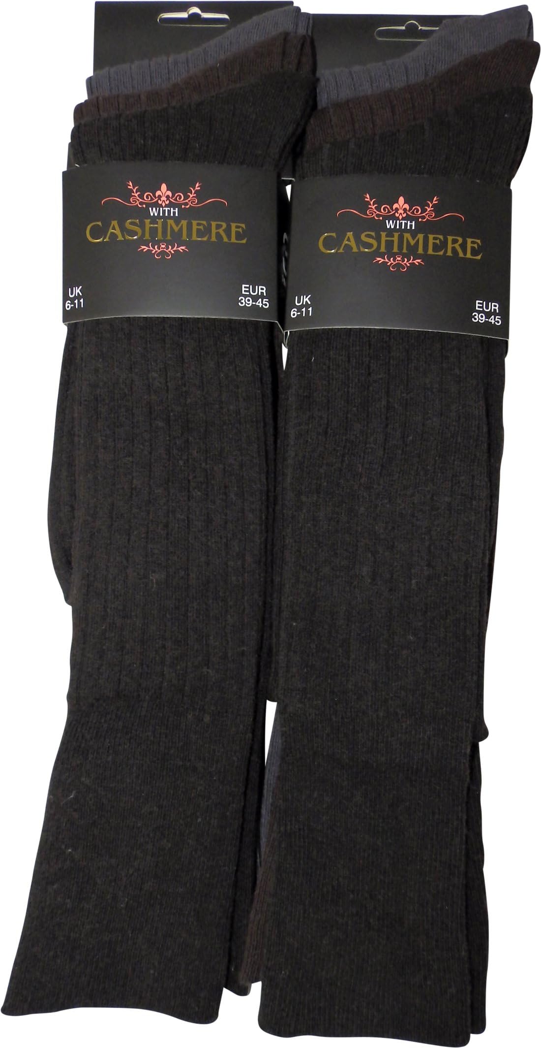 London Icons6 pairs Super Luxurious Mens Long, Knee High Cashmere blend Wool Winter Socks, Black and Dark Assorted Colours, UK size 6-11 - Eur 39-45