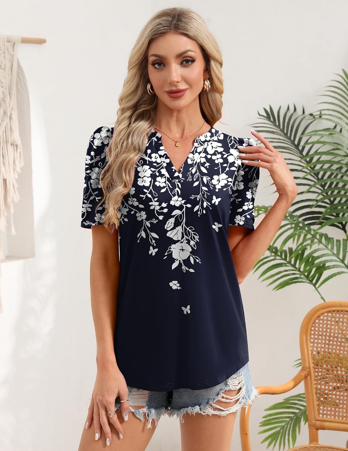 Zeagoo Women Blouses Puff Short Sleeve Tops V Neck Dressy Casual Spring Shirts Boho Floral Cute Clothes 2026 - Image 4