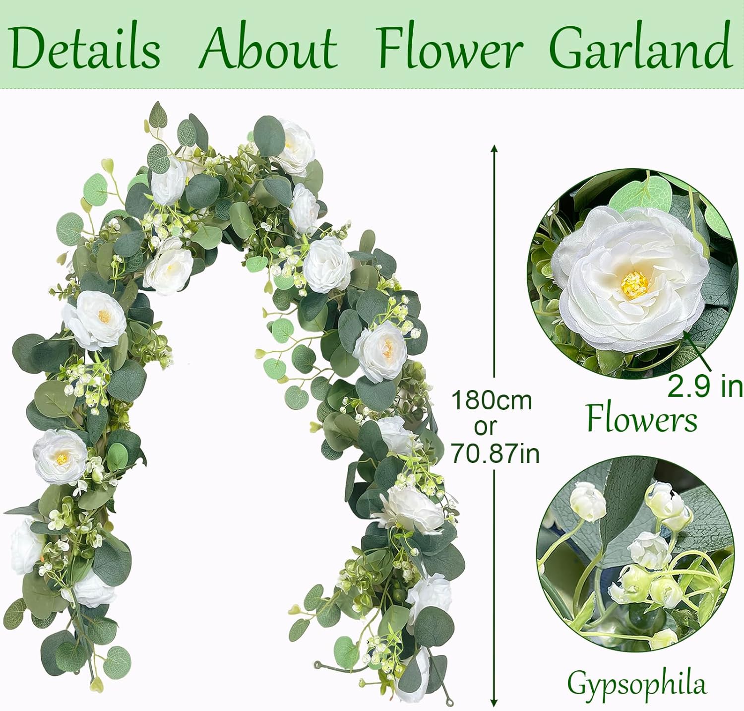 2 Pack 6Ft Artificial Eucalyptus Flower Garland with White Roses, Faux Floral Greenery Garland Fake Flower Vines for Wedding Party Centerpiece Table Runner Arch Party Decor (2PCS,White - Image 2