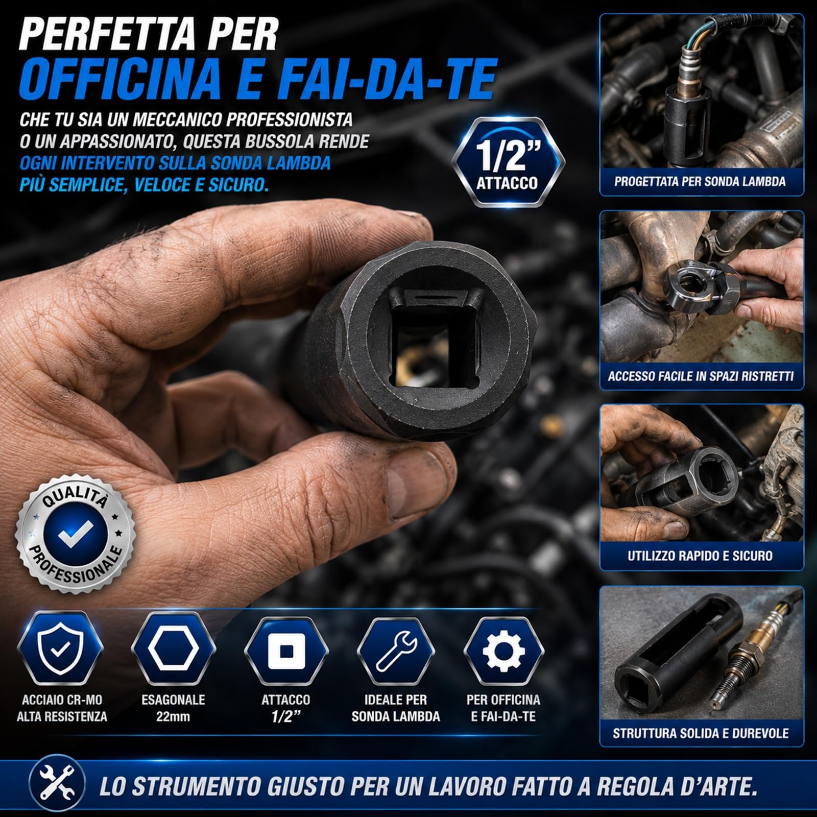 topolenashop Chiave a Bussola Esagonale 22mm 1/2” per Sonda Lambda Lunga – Utensile Professionale per Sensore Ossigeno Auto e Moto in Acciaio Cr-V – Strumento per Rimozione Sonda Codice 134422