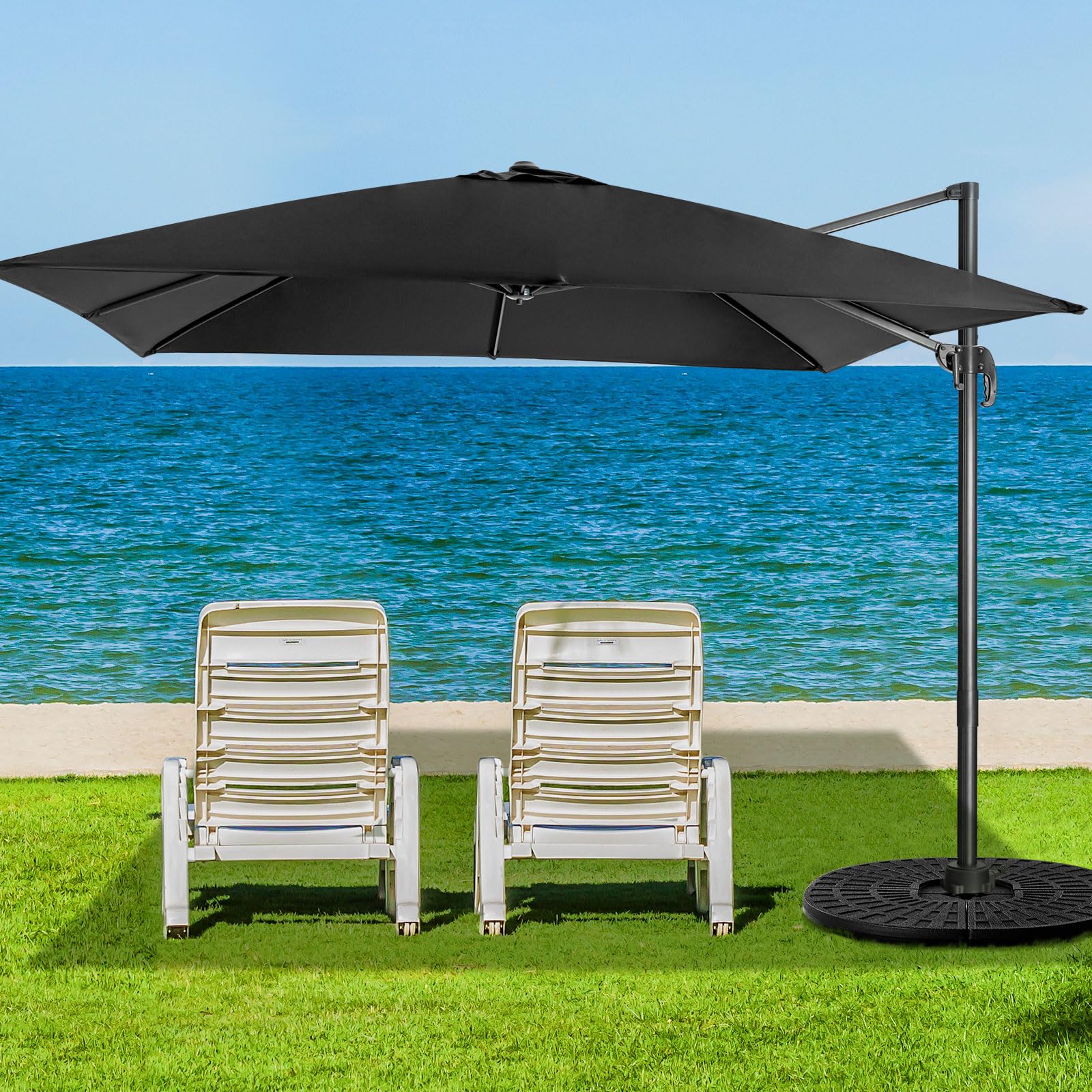 COSTWAY Sombrilla Terraza Exterior 3x3M con Base Cruzada, Sombrilla Rectangular 3 Inclinaciones, Rotación 360°, Parasol Excentrico Grande Jardin Terraza Playa Exterior