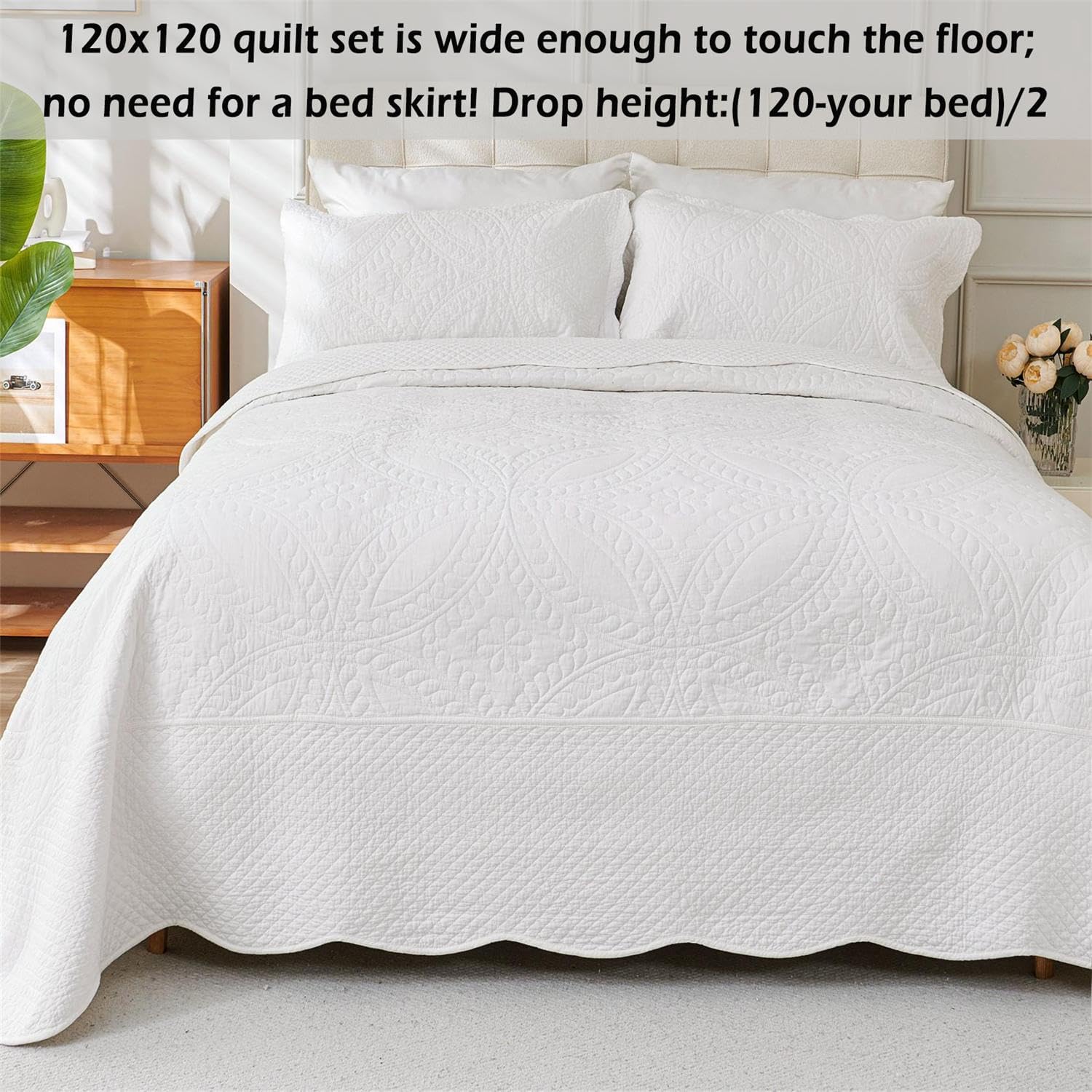 Cmfshape 100% Cotton Quilt Oversized King Size-White Bedspread 120"x120"-Coin Pattern Bedding Set 3 Pieces-Pre-Washed Lightweight Microfiber Coverlet-Suitable for Bed,Couch,Quilt Blanket All Seasons
