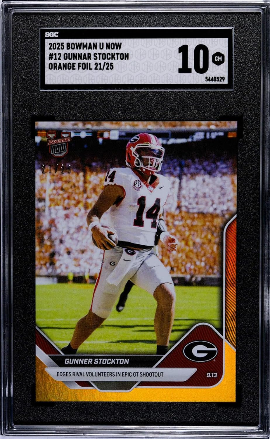 Graded 2025 Topps Bowman U Now Gunner Stockton #12 Orange Foil /25 Rookie RC Football Card SGC 10 Gem Mint
