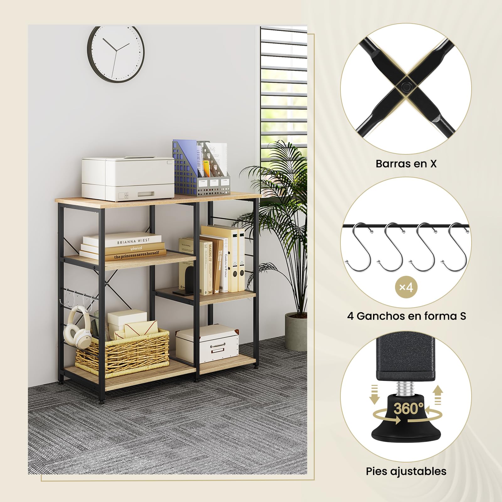 WOLTU Estanteria Almacenaje con 5 Niveles, Estante de Cocina con 4 Ganchos para Microondas, 90 x 40 x 83,5 cm, Negro + Roble Claro