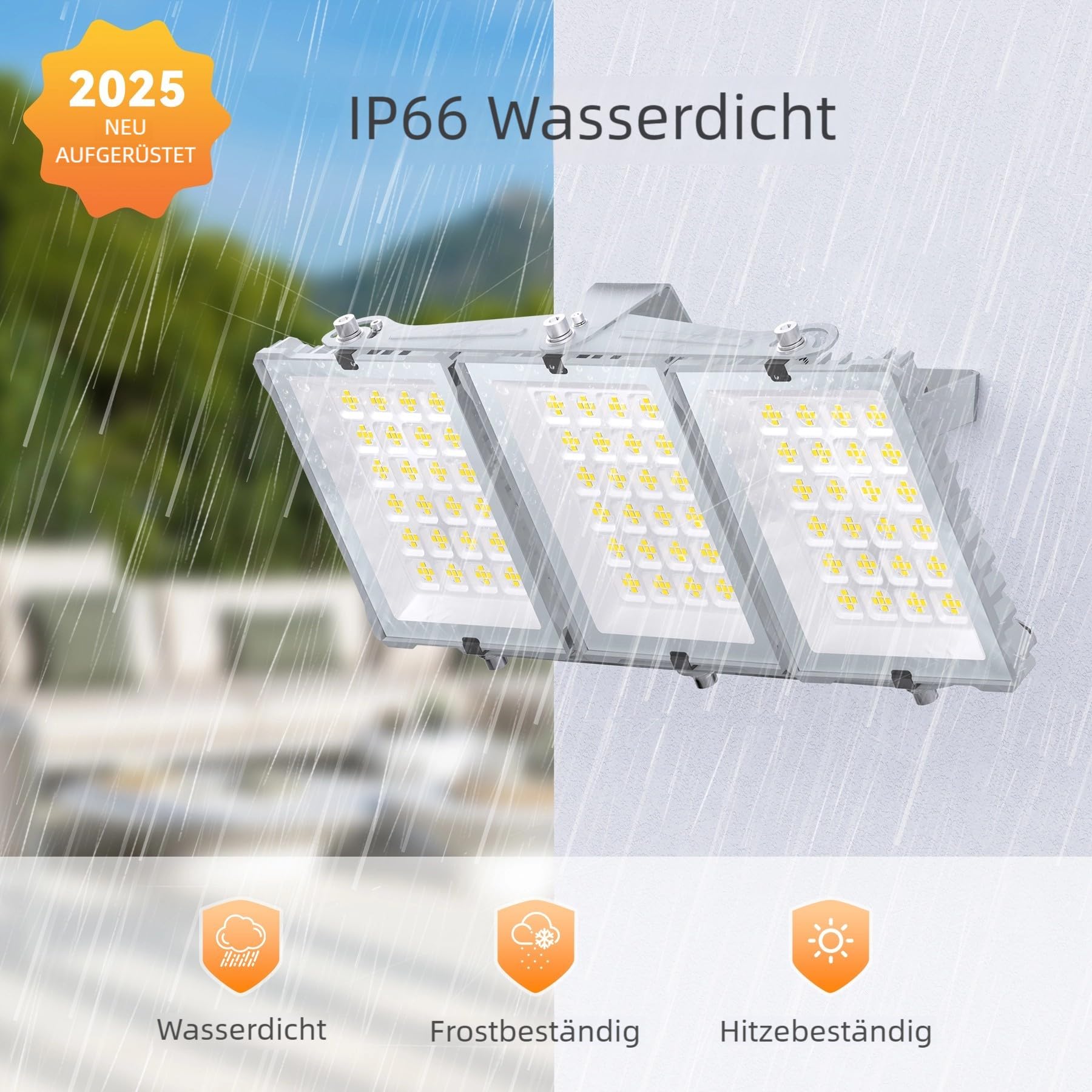 SOLLA 300W LED-Flutlicht für den Außenbereich, Ultra Bright 30000LM 6000K Daylight White IP66 Waterproof, Stadium Lights, 3 Heads Outdoor Floodlight Security Lights for Yards, Patios, Street-Grau