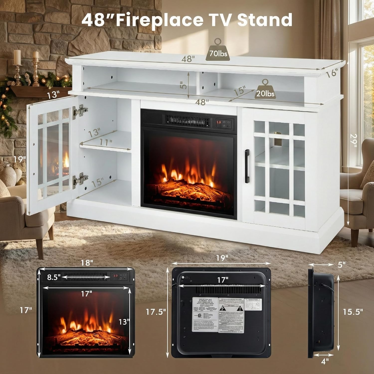 SIMOE Fireplace TV Stand Electric Fireplace 49Inch Console up to 55'' TV with 2 Shelves and 2 Cabinets with Doors, Remote Control, 3 Adjustable Flame Brightness, Media Entertainment Center, White