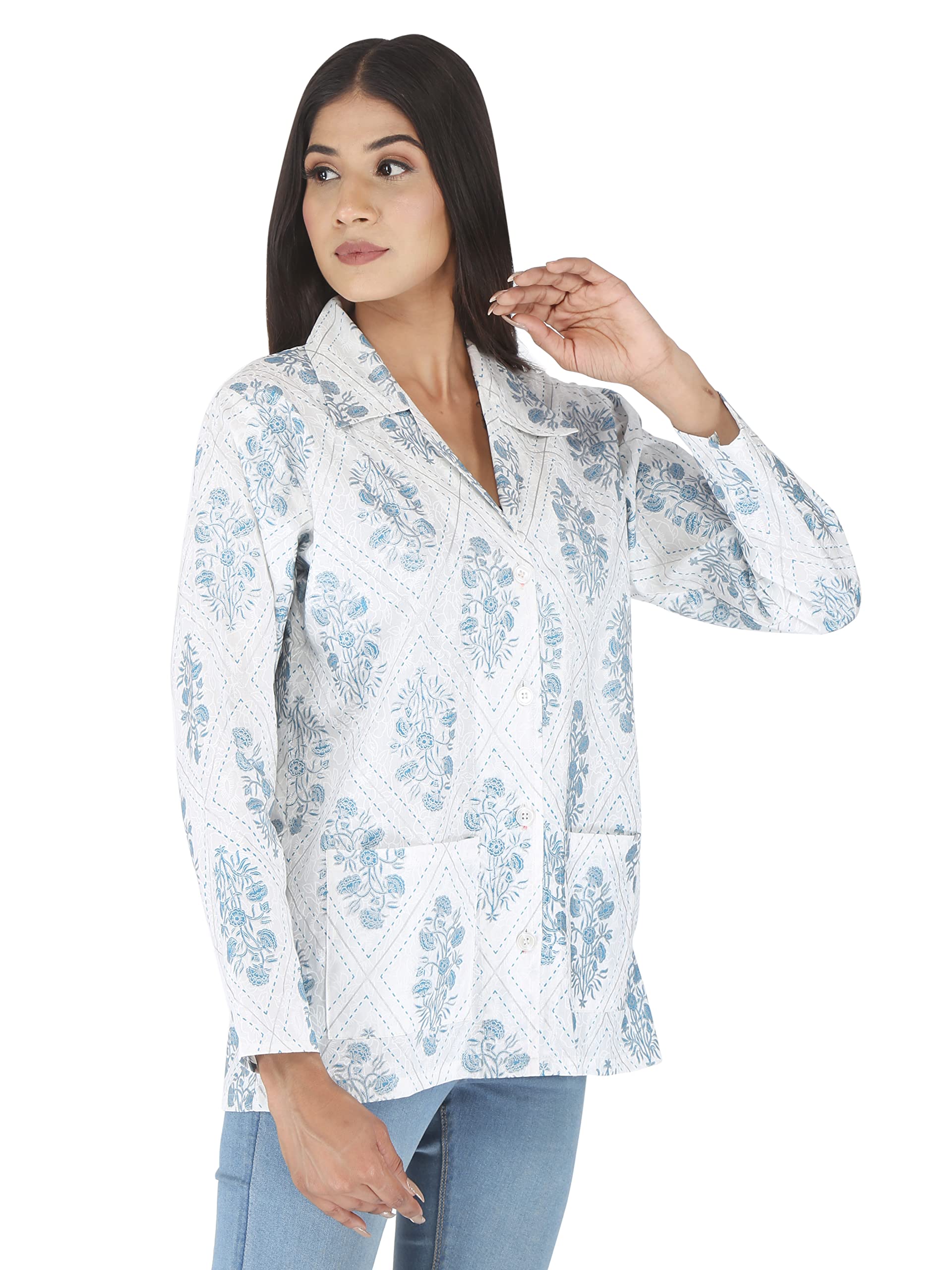 CHARVI Women Cotton Standard Length Floral Printed Summer Coat|Helps to Protect From Sunrays,Dust Pollution,Sunburn,Tanning of Skin|Ideal for Driving,Hot Summers,Traveling- (BHC27_44_White & Blue) - Image 2 thumbnail