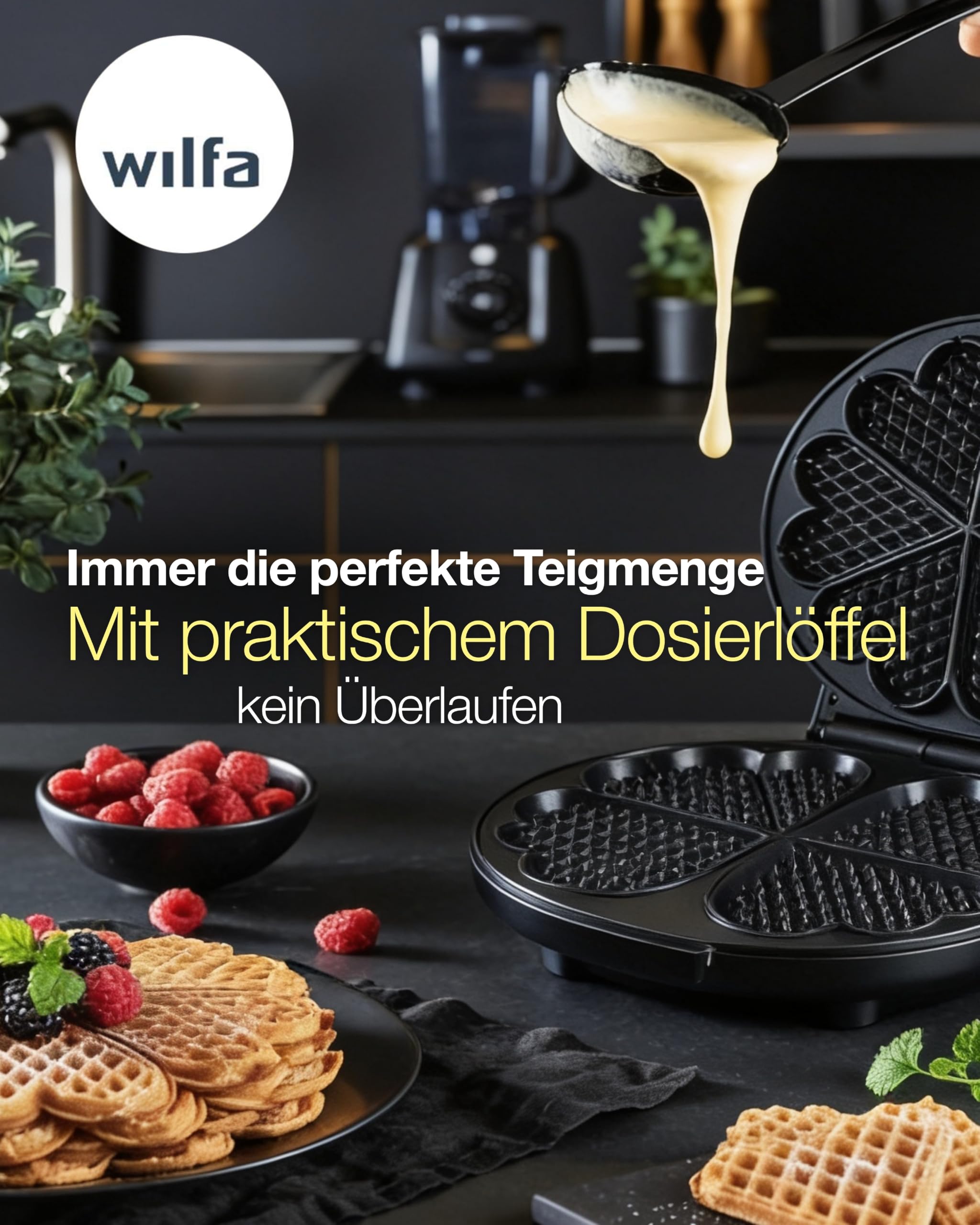 Wilfa JOY Double Waffeleisen I 1.500 Watt I 2x18cm große Herzwaffeln I 5 Temperaturmodi I Mit Alarm-Glocke I Inkl. Teig-Löffel (schwarz)